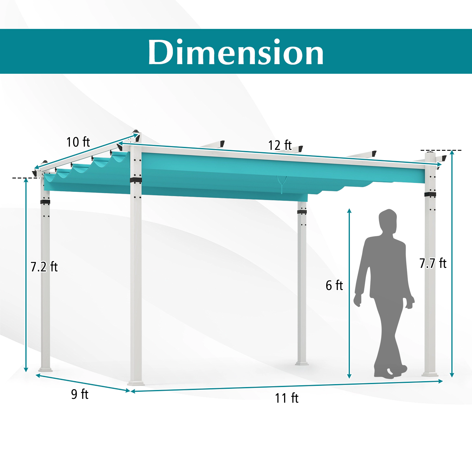 SUGIFT Outdoor Pergola Turquoise with Retractable Canopy and Aluminum Frame