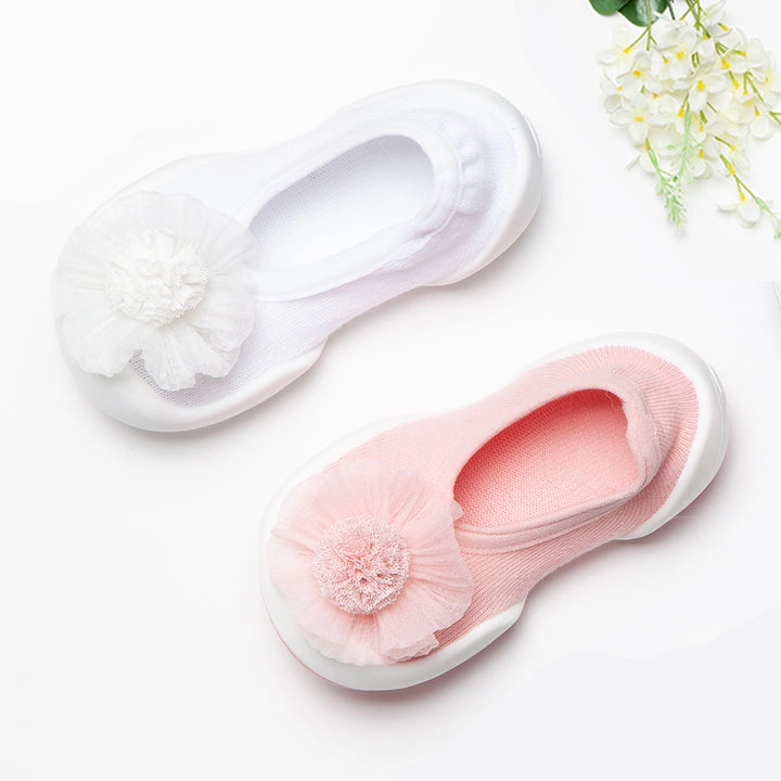 Toddler Breathable Washable Non-Slip Sock Shoes Flat - Pompom Flower White