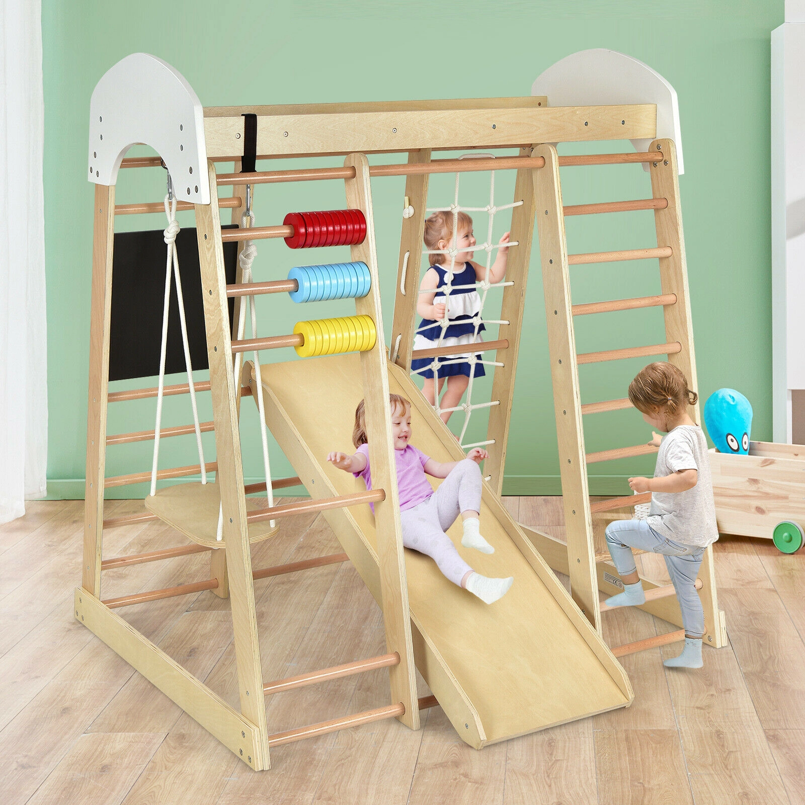 SUGIFT Natural 49 Inch for Children 8-in-1 Wooden Indoor Playground Climbing Gym Playset