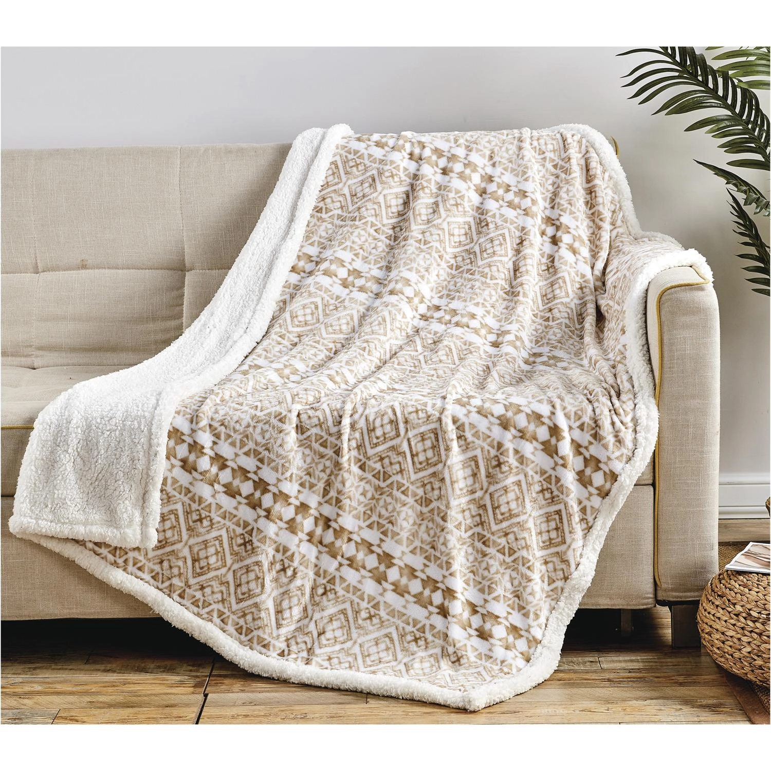 Plazatex Tala with Sherpa Plush Decorative All Season Plum Throw Blanket 50" x 60" Beige