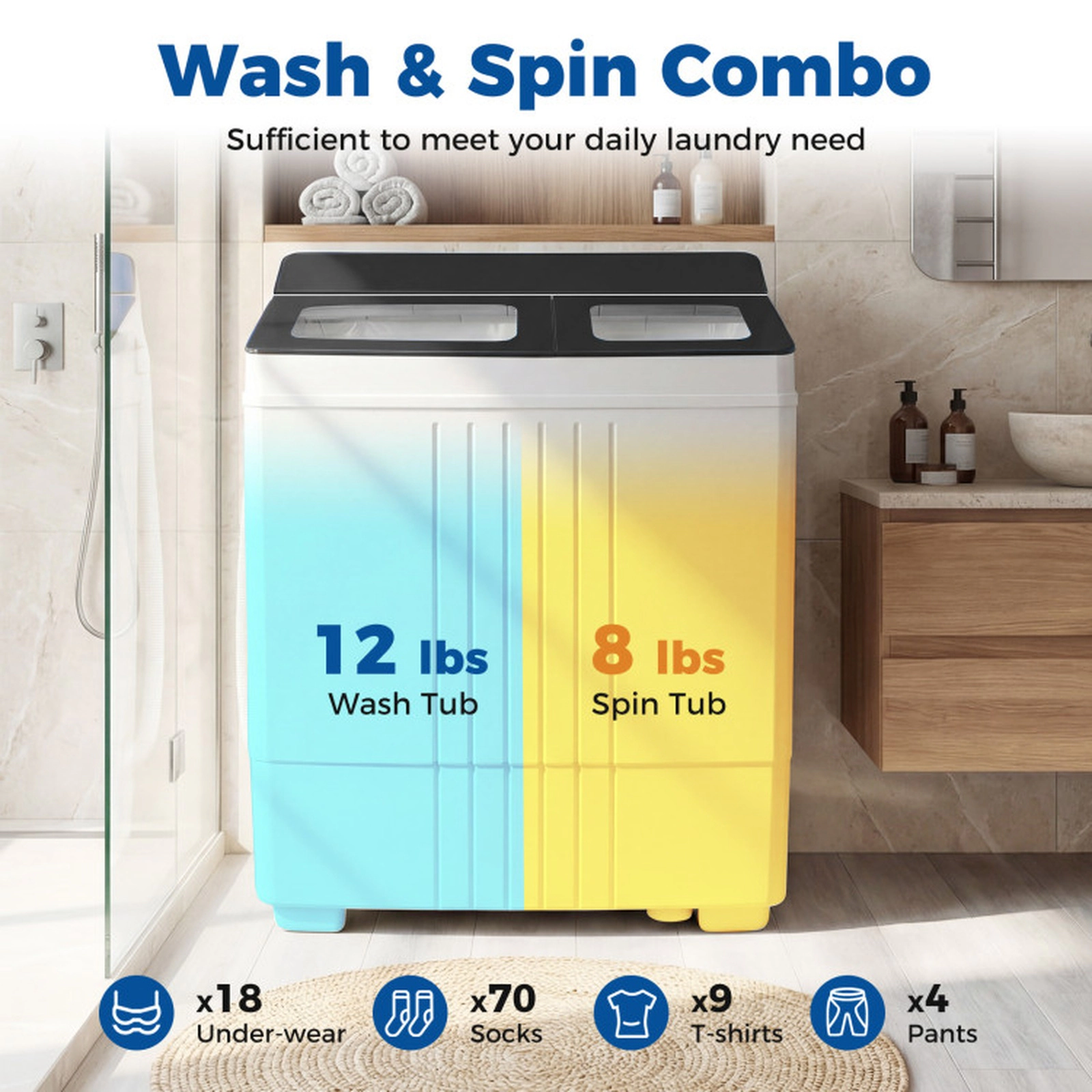 SUGIFT 12-lb Wash 8-lb Spin Twin Tub Portable Washing Machine with Acrylic Lid and Faucet Metal Clip