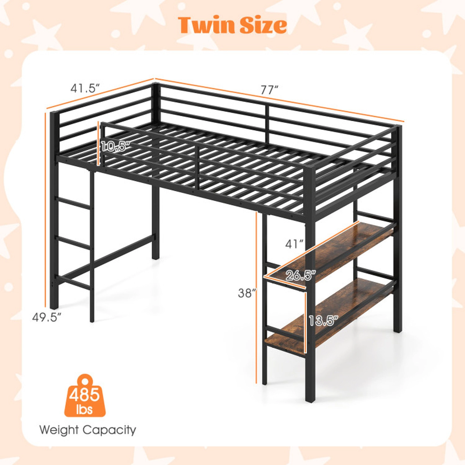 SUGIFT Twin Size Low Loft Bed with Ladder and Storage Shelves Metal Frame 485-lb Bed Capacity Black