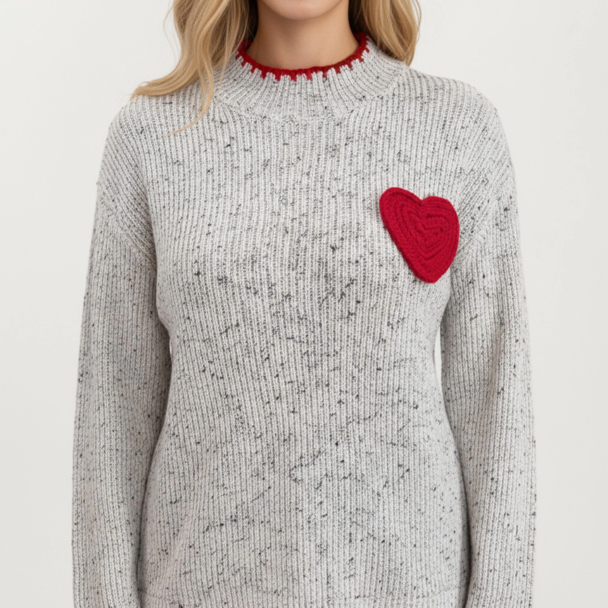 Anna-Kaci Women's Ribbed Knit Sweater with Valentine Heart Patch Contrast Trim