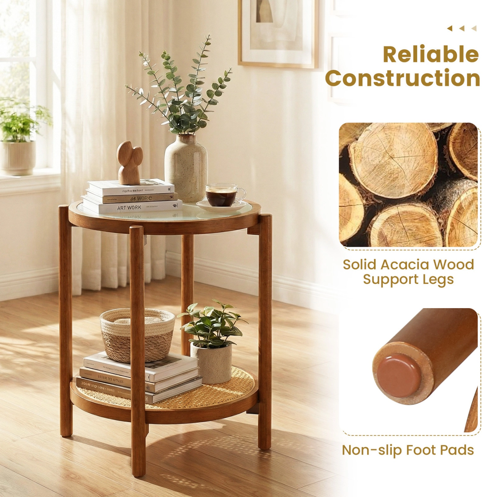 SUGIFT 18.5-Inch Round 2-Tier Boho Side Table, Glass Top, Rattan Shelf, Acacia Legs