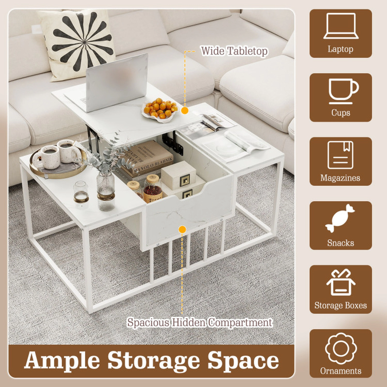SUGIFT 39.5-in 110-lb Capacity White Lift Top Coffee Table with Gas Struts and Hidden Compartment