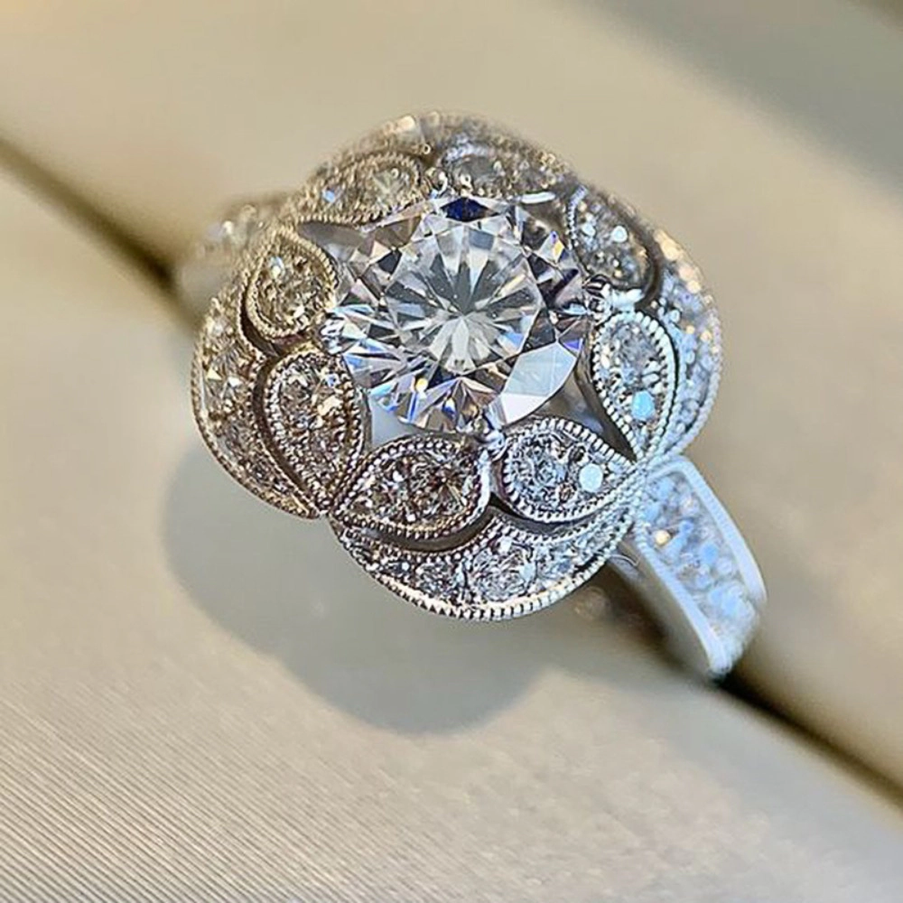 White Gold Plated Round Cubic Zirconia Vintage Bloom Engagement Ring