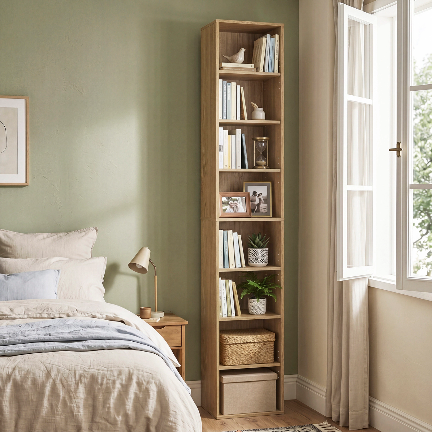 LJG 8-Tier Narrow Bookshelf with 4 Adjustable Shelves and Storage Cubes