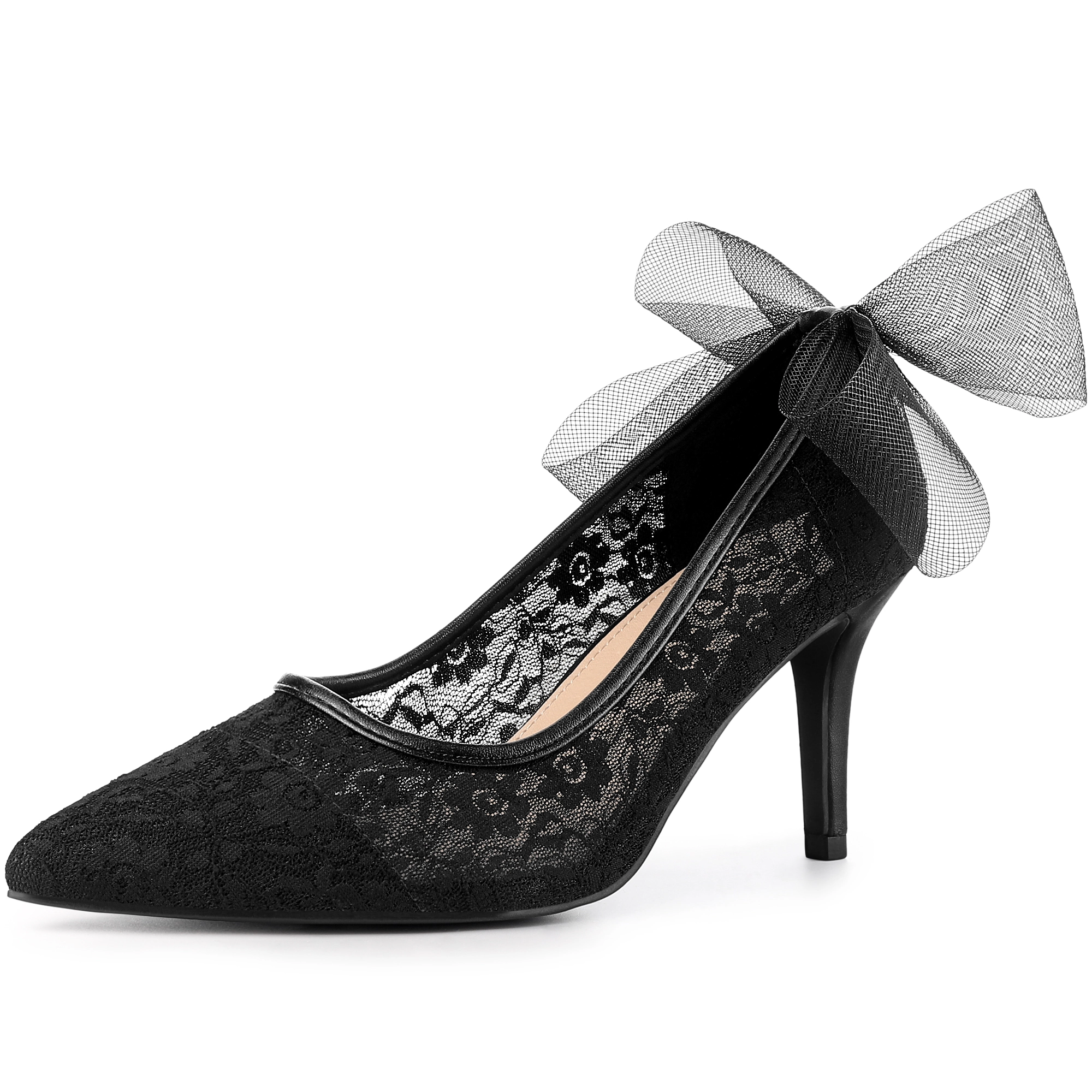 BLISSFUL STEP Women Pointed Toe Bow Decor Stiletto Heel Pumps