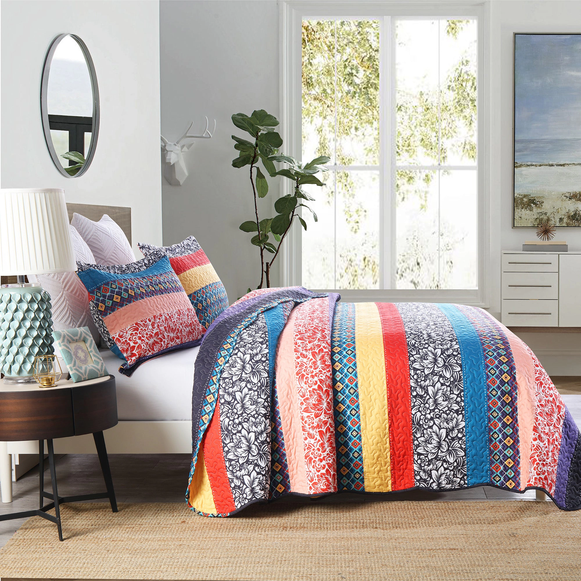 MarCielo 3 Pieces Soft Polyester Bohemian Stripe Patchwork Quilt Bedspread Set