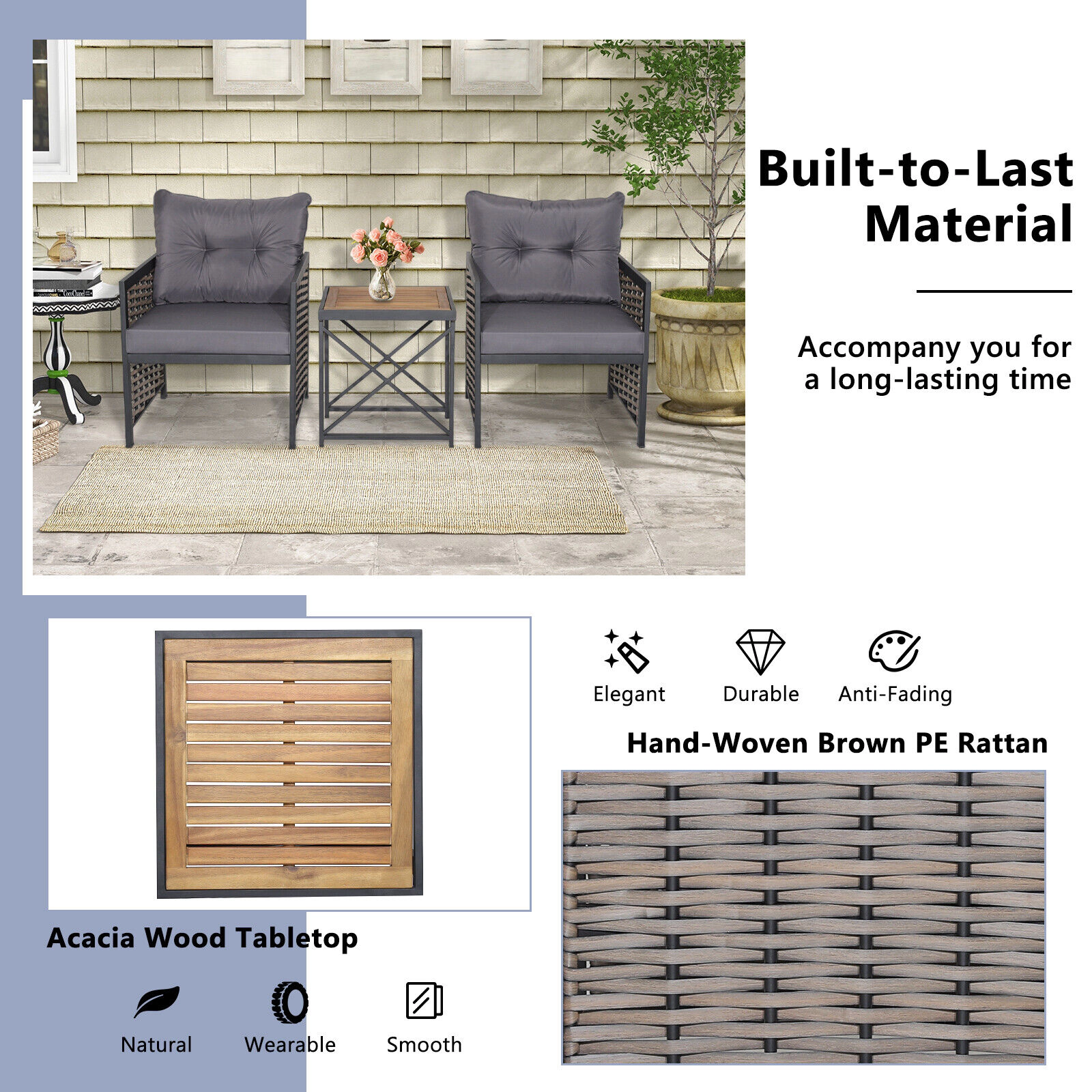 SUGIFT 3-Piece Brown Wicker Patio Set with Acacia Tabletop, Cushions, 360-lb Chairs