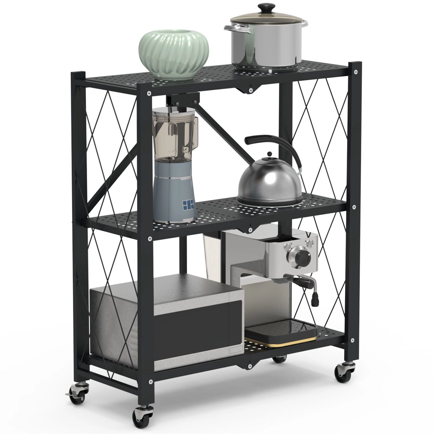 Flynama 3 Tier Foldable Shelving with Lockable Wheels No Assembly Rolling Utility Rack for Kitchen Pantry and Bedroom