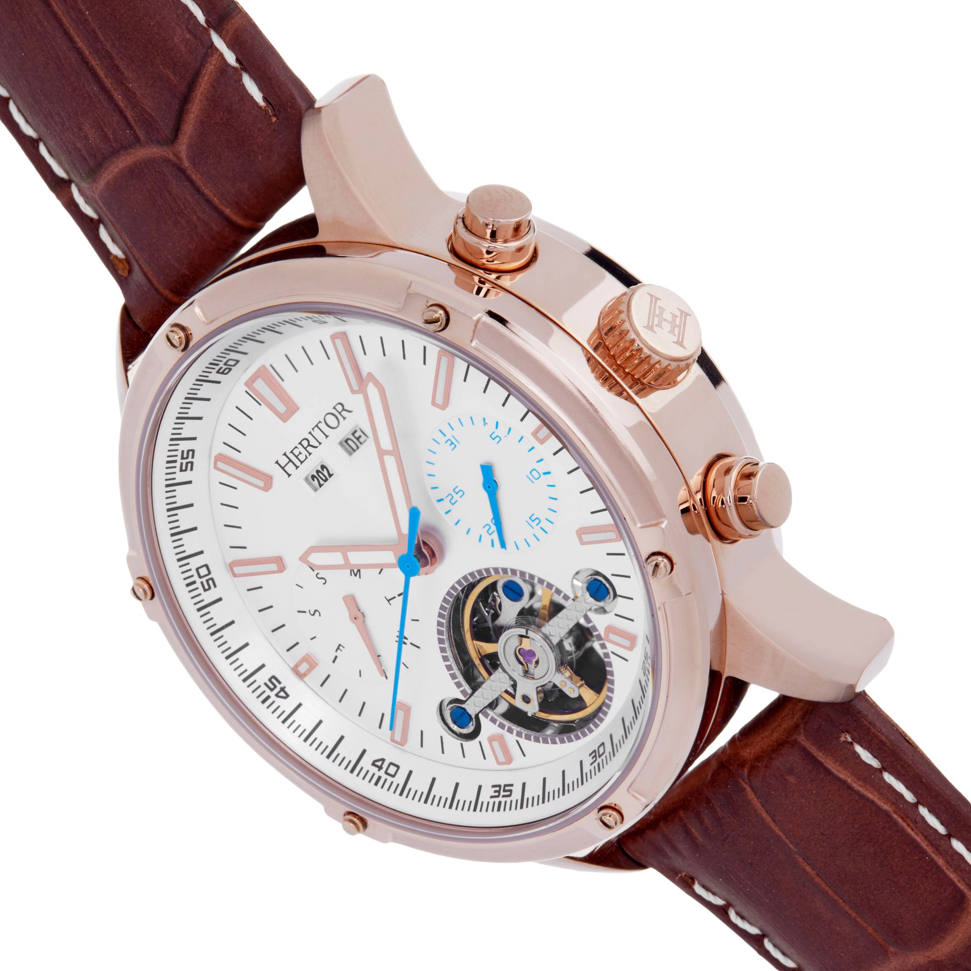 Heritor Automatic Wilhelm Semi-Skeleton Leather-Band Watch w/Day/Date
