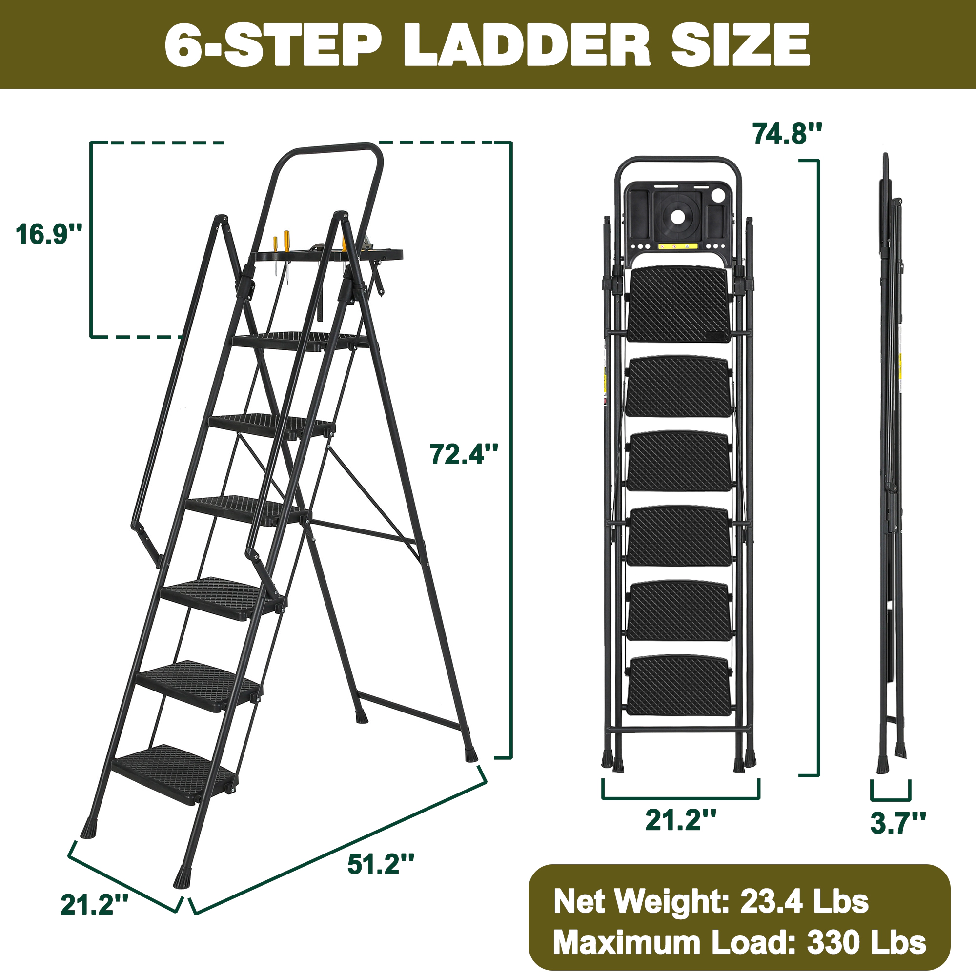 Flynama 6 Step Ladder- 330lb Capacity Steel Foldable Step Stool With Tool Tray (Black)