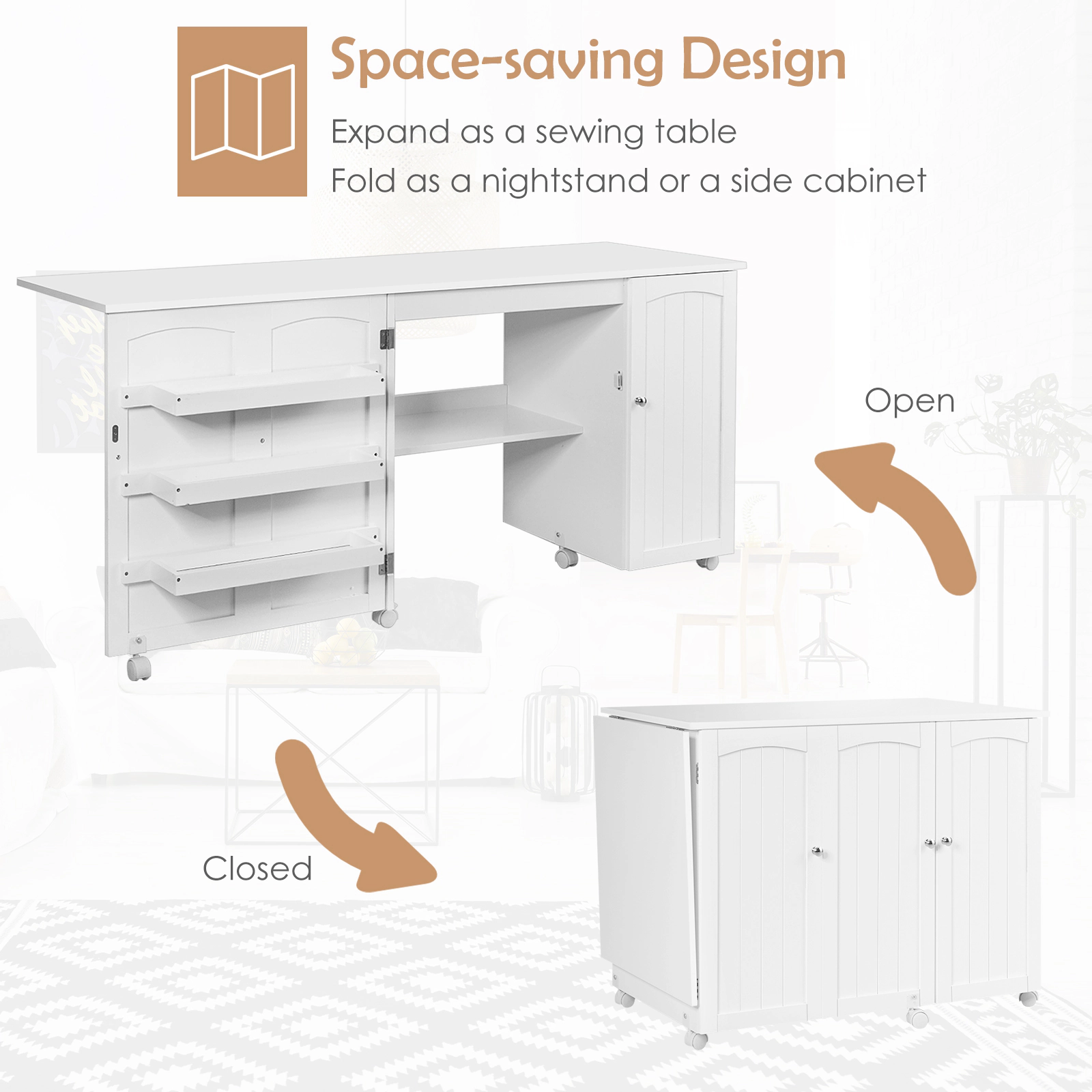 SUGIFT Fold-Out 3 Open Bins Cabinet Rolling Sewing Craft Table Desk 62.5-in x 20-in x 29-in Folds to 38.5-in White