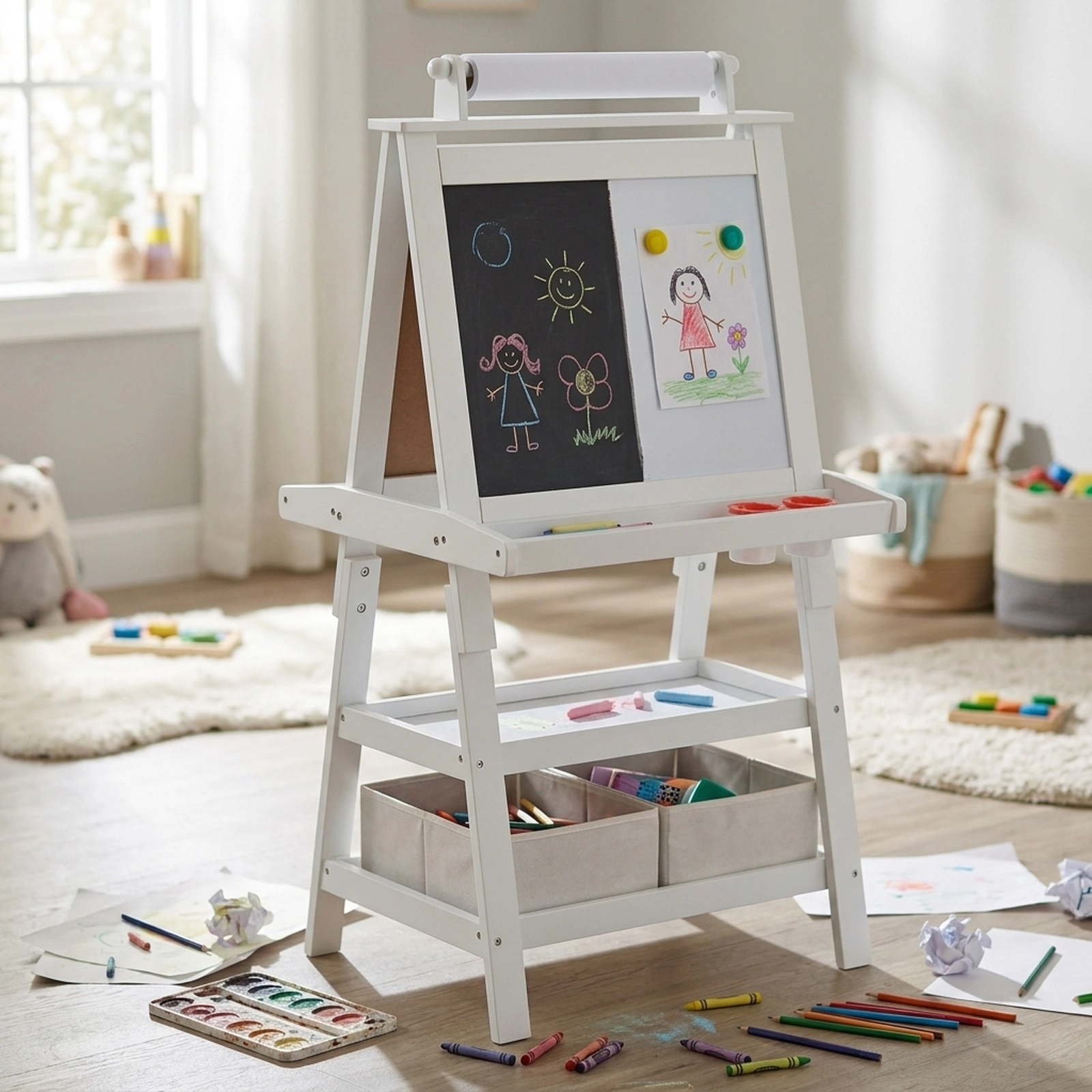 3-in-1 Double-Sided Storage Art Easel for Kids 2-Tier Shelves 2 Fabric Bins No-Spill Paint Cups Paper Roll White