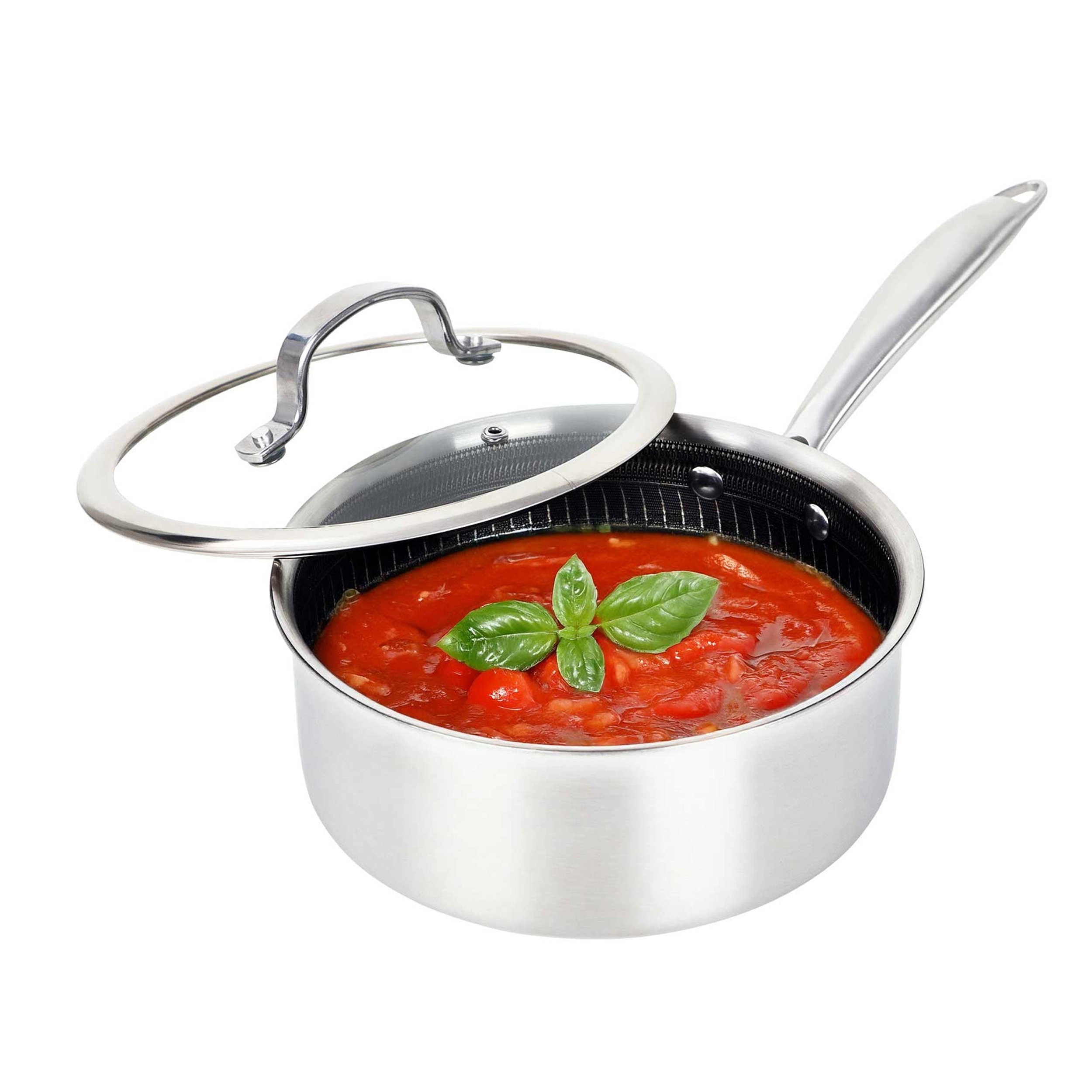 Brentwood 3 Quart 3-Ply Hybrid Non-Stick Stainless Steel Saucepan with Tempered Glass Lid