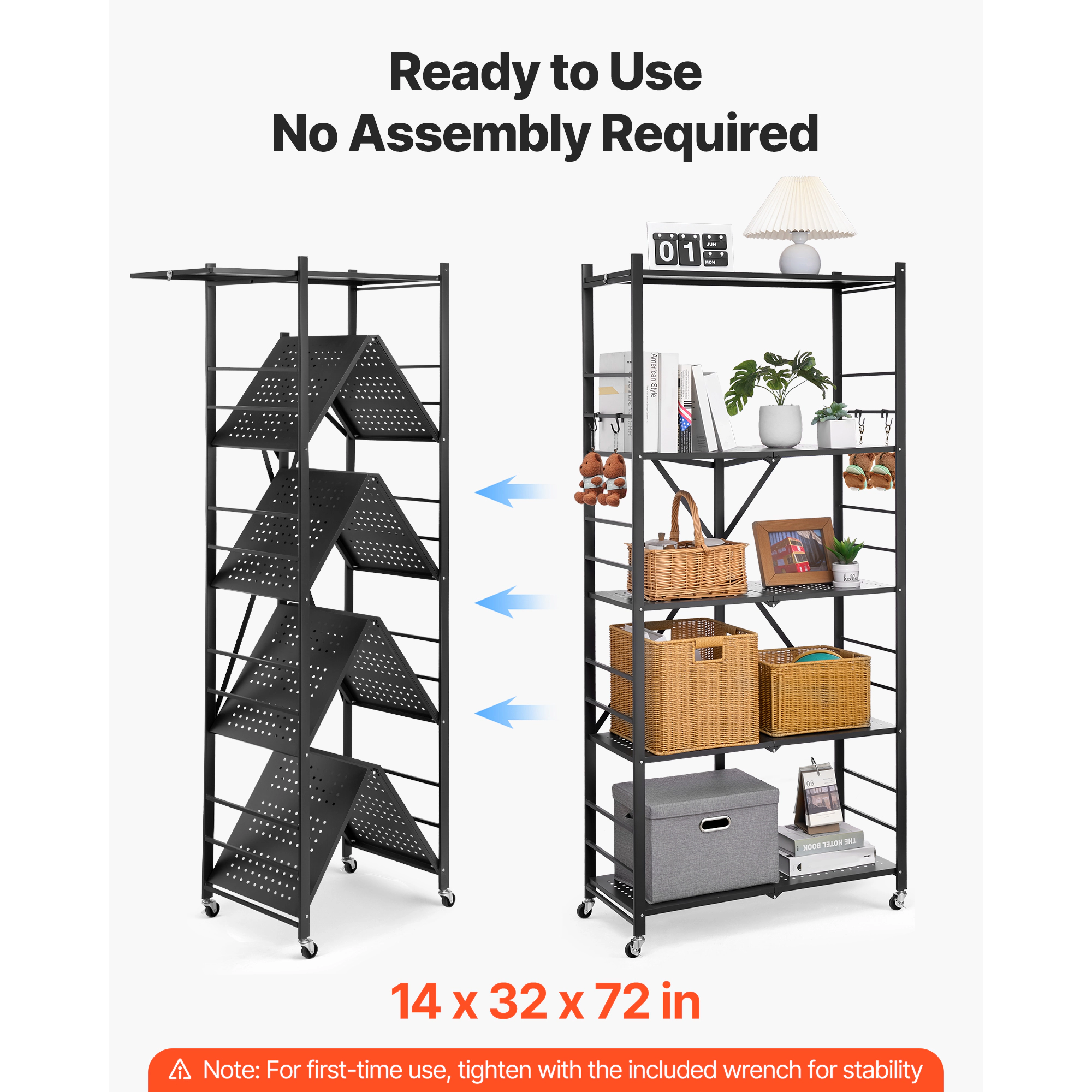 HONGGE Foldable Storage Shelf Folding Metal Rack Shelving Unit No Assembly Organizer Shelf with 5 Wheels & 4 Hooks for