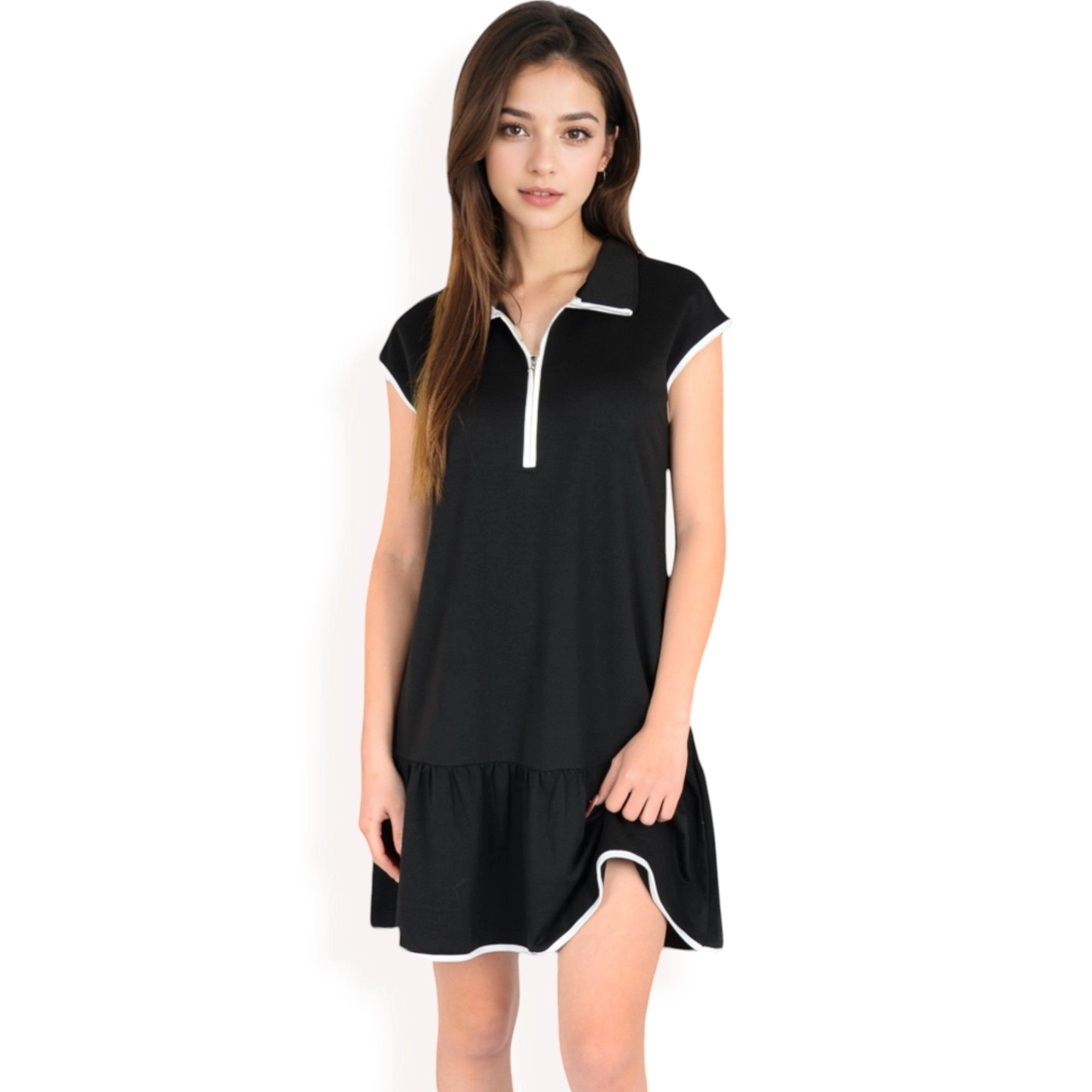 Anna-Kaci Women's Zip Up Collared Ruffle Hem Dress