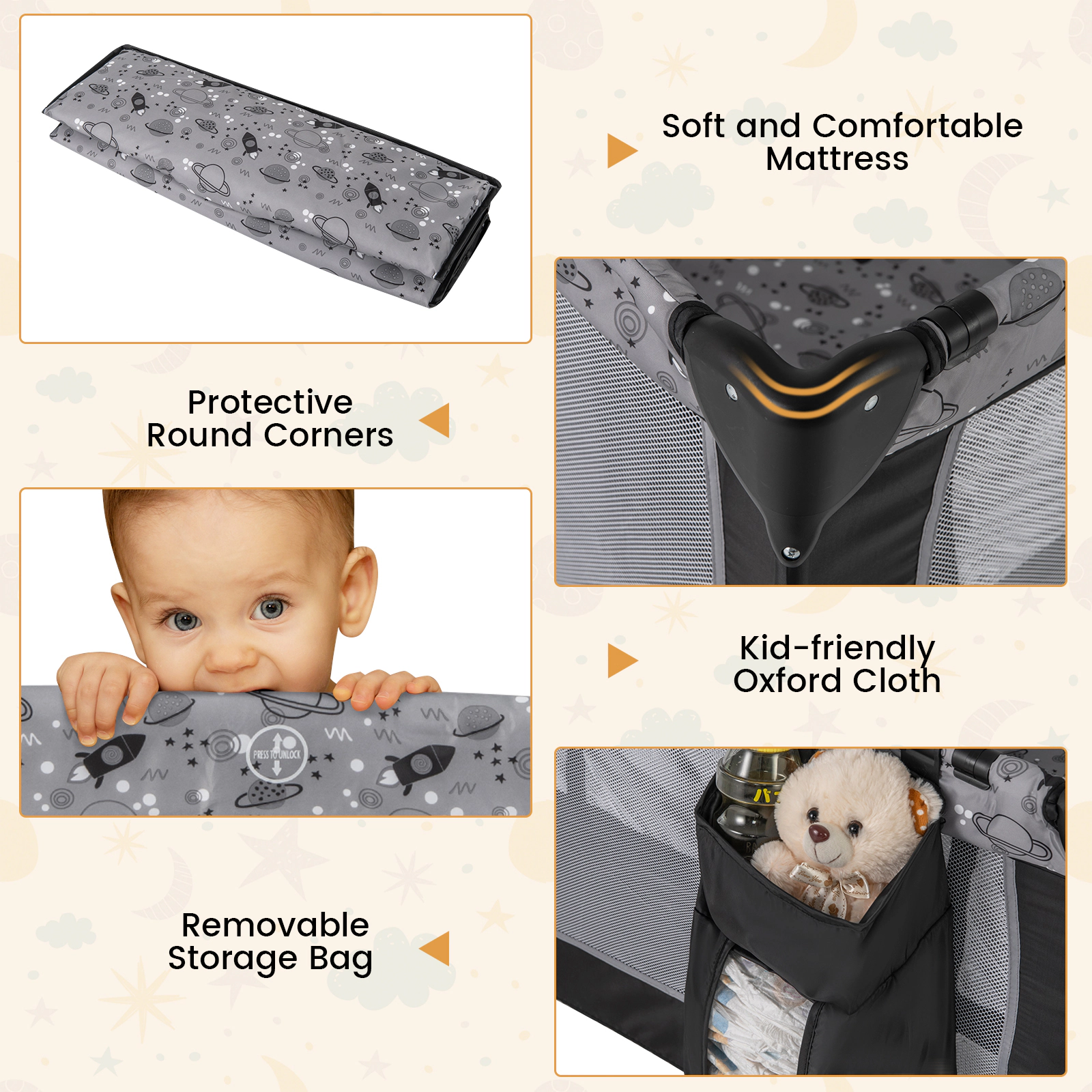 SUGIFT Baby 3-in-1 Bassinet Diaper Changing Table Music Box Foldable Playard 40-in x 28.5-in x 29-in Ages 0-3 Gray