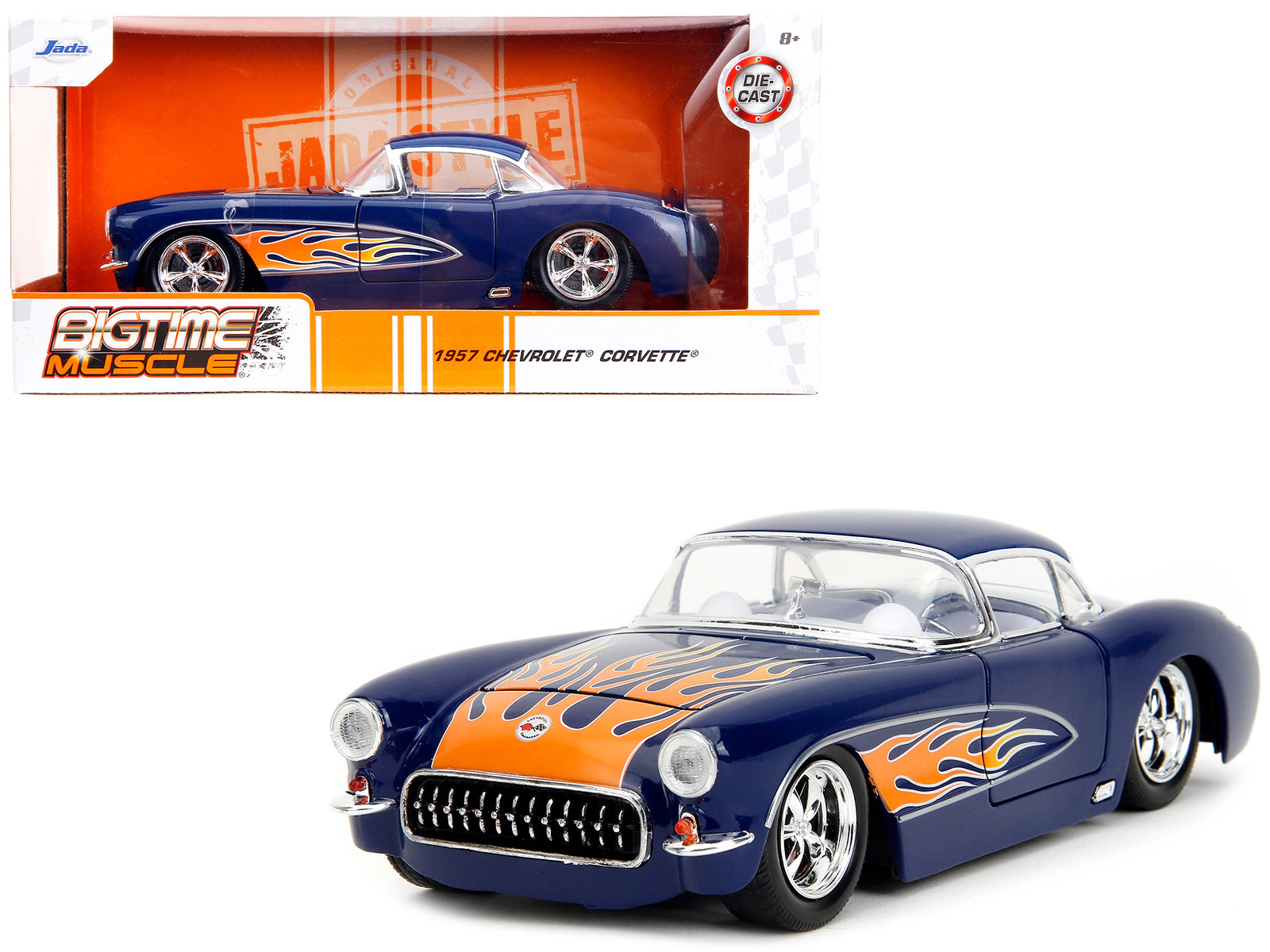 Jada 1957 Chevrolet Corvette Dark Blue with Flame Graphics and White Interior "Bigtime Muscle" Series 1/24