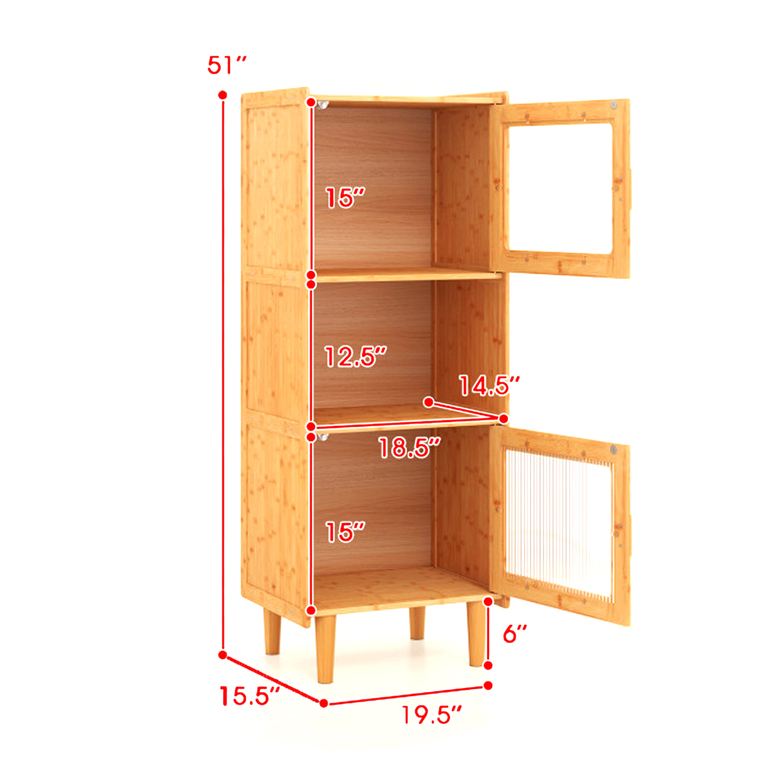 Hivvago 3-Cube Bamboo Cabinet Featuring Open Compartment and Two Clear Acrylic Doors