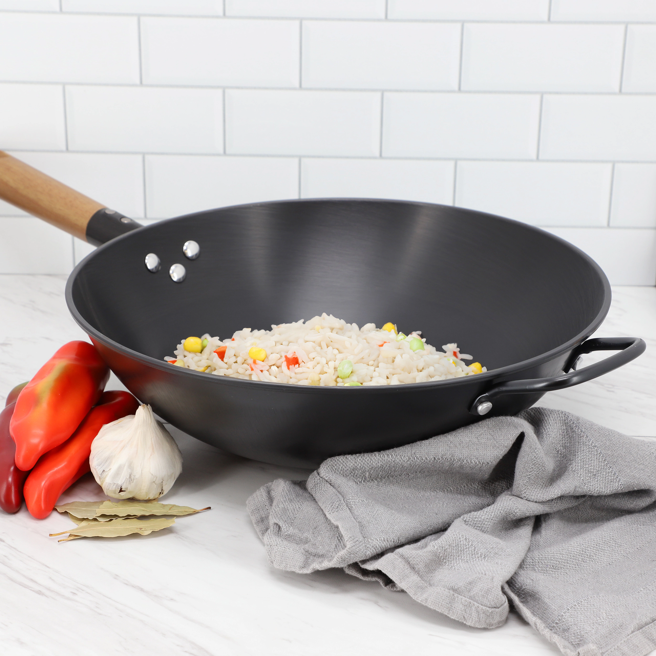 Gibson Home Welton 13.5 Inch Carbon Steel Wok with Wood Handle in Black