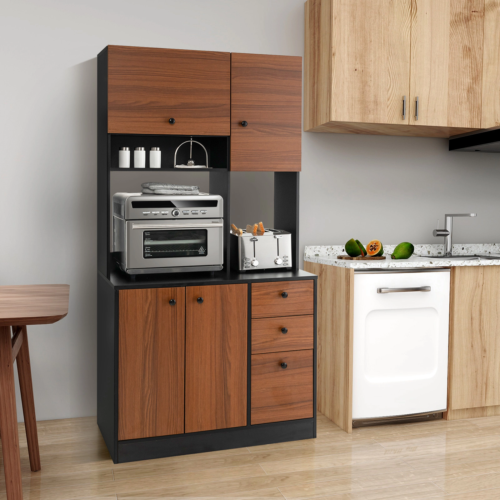 SUGIFT 71-in 3 Cabinets 3 Deep Drawers Adjustable Shelves Kitchen Pantry Cabinet 37-in x 19-in 110-lb Capacity Black