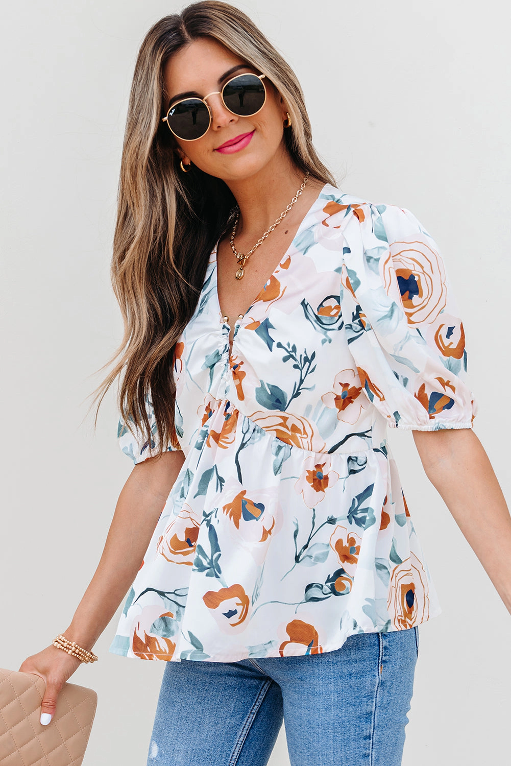 Threaded Pear Women's Salome Floral Puff Sleeve V Neck Babydoll Blouse