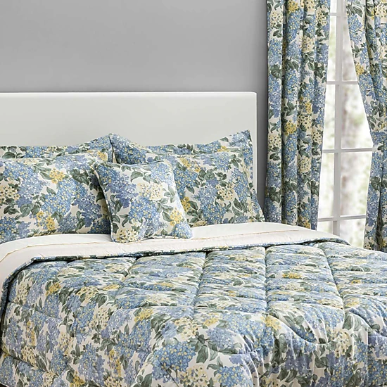 Ellis Hydrangea Classic Pattern Printed 1.5" Rod Pocket Window Tailored Tiers 68"x36" Blue