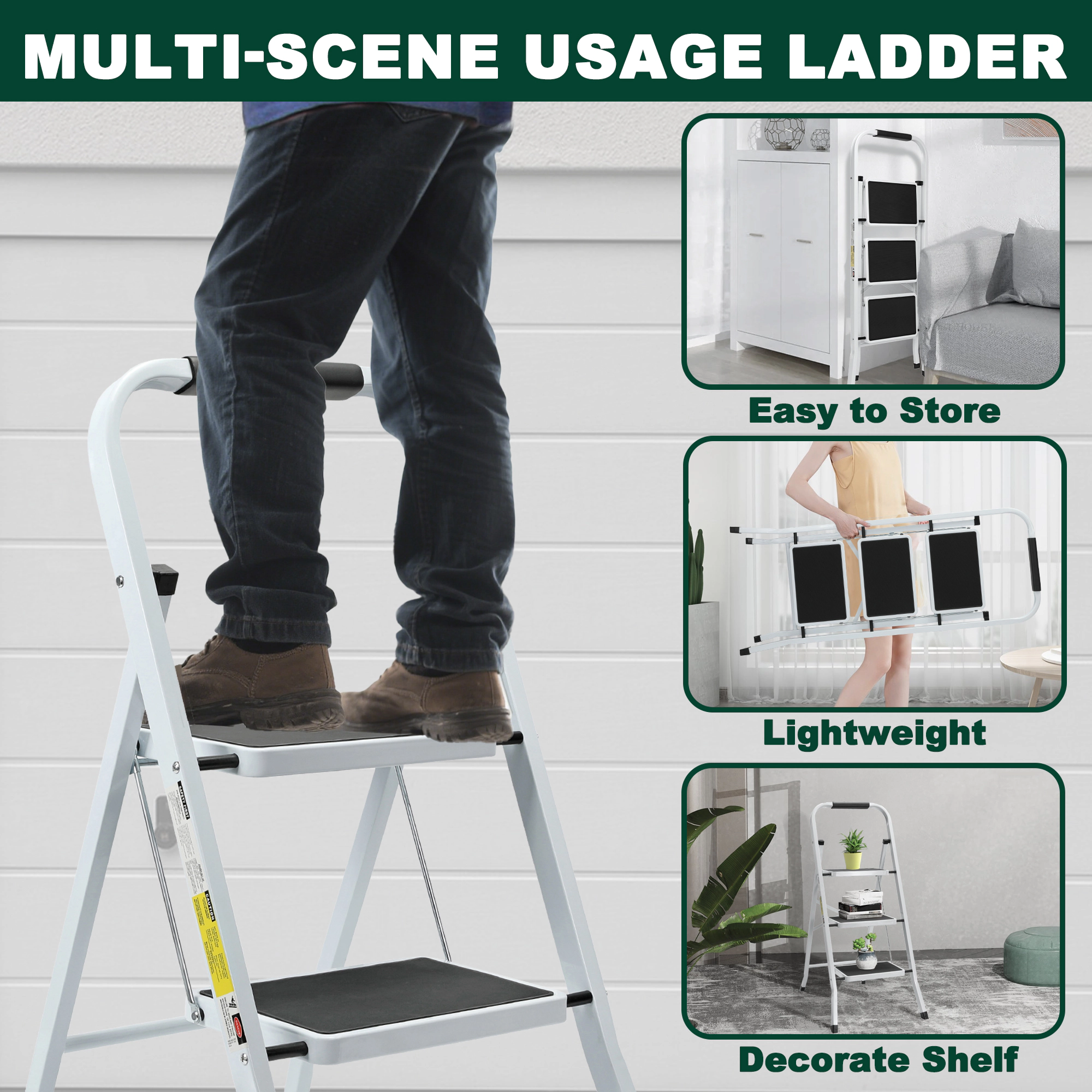 Flynama 3 Step Ladder- 330lb Capacity Steel Foldable Step Stool (White)