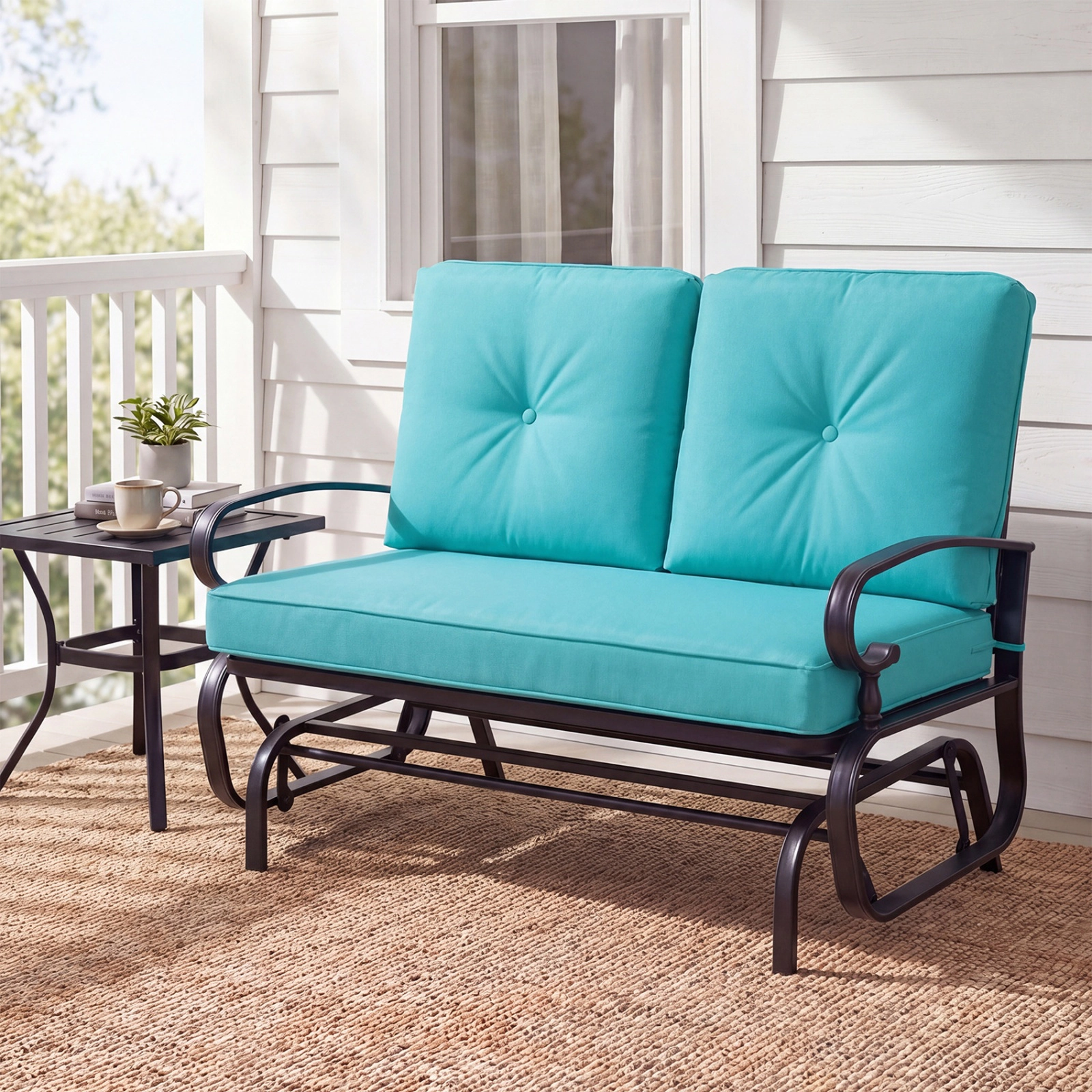 SUGIFT 2-Seat Outdoor Steel Swing Glider Chair with Cushions 440-Lb Capacity Beige Blue Gray Navy