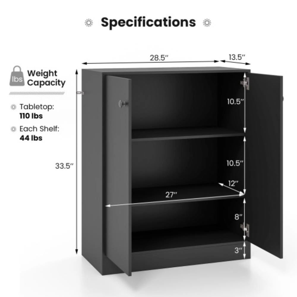 Hivvago 2-Door Modern Floor Storage Cabinet With 3-Tier Shelf