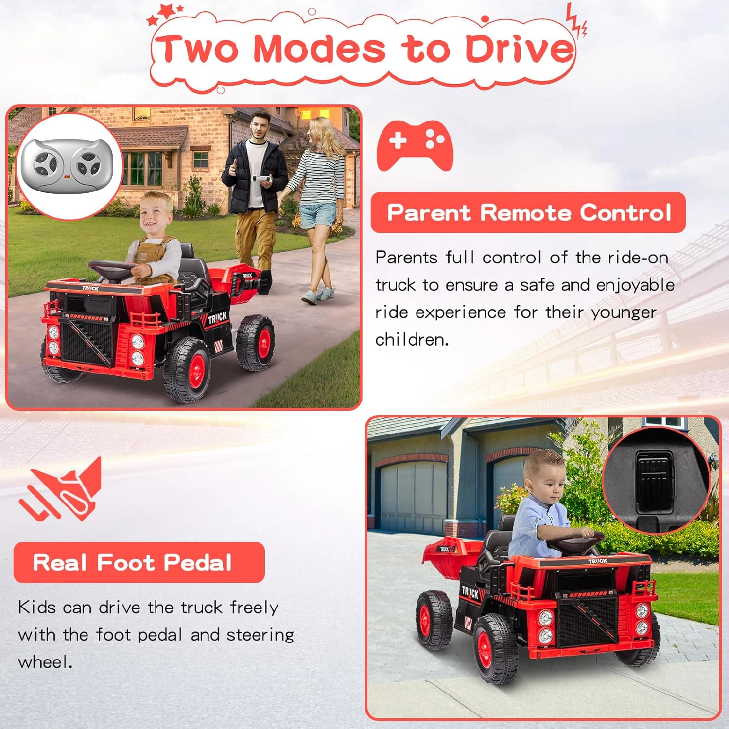 12V Kids Ride On Dump Truck, Electric Construction Car w/ Remote, Lift Bed, Shovel, Music & LED Lights