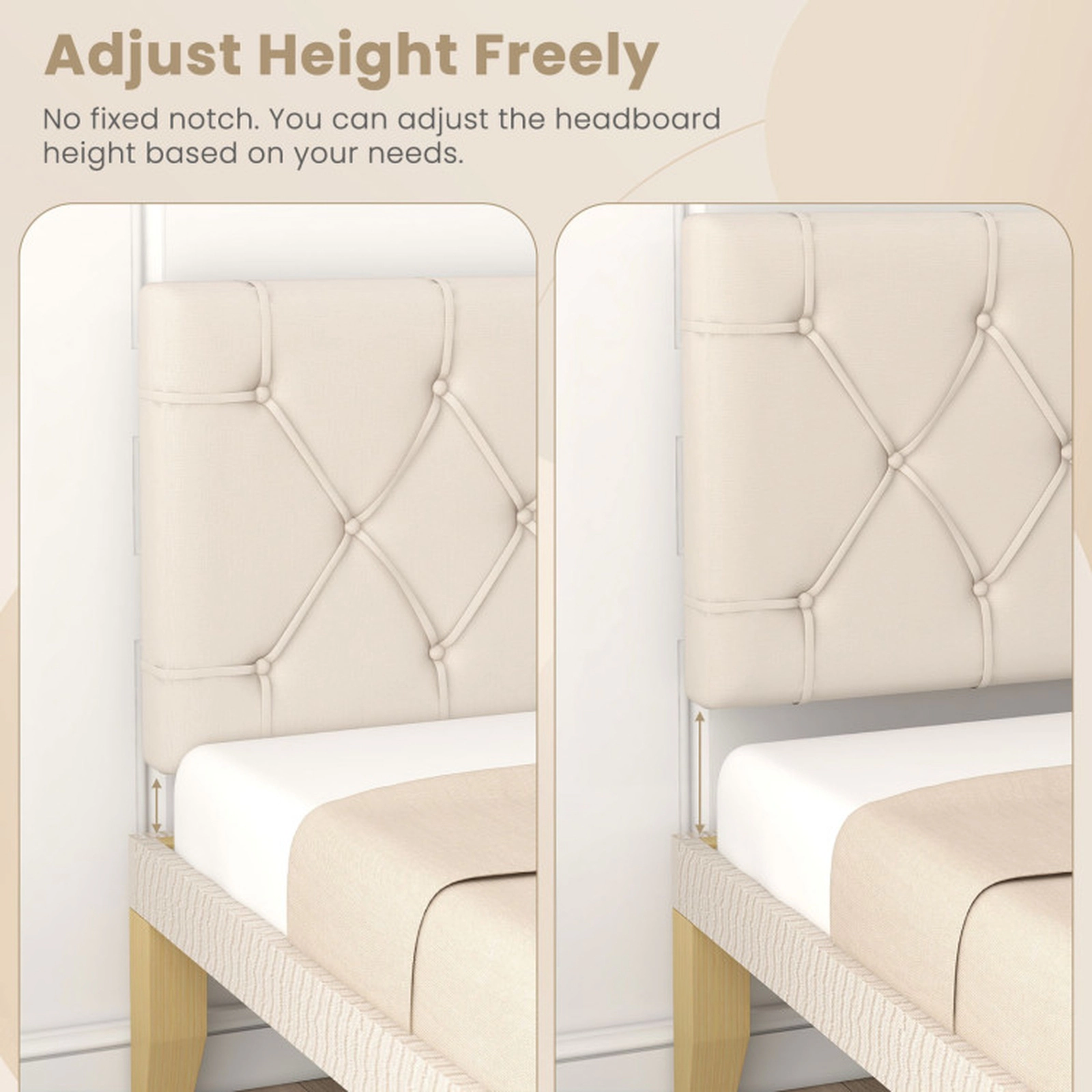 SUGIFT Beige Diamond Stitched Fabric and MDF Frame Upholstered Twin Headboard