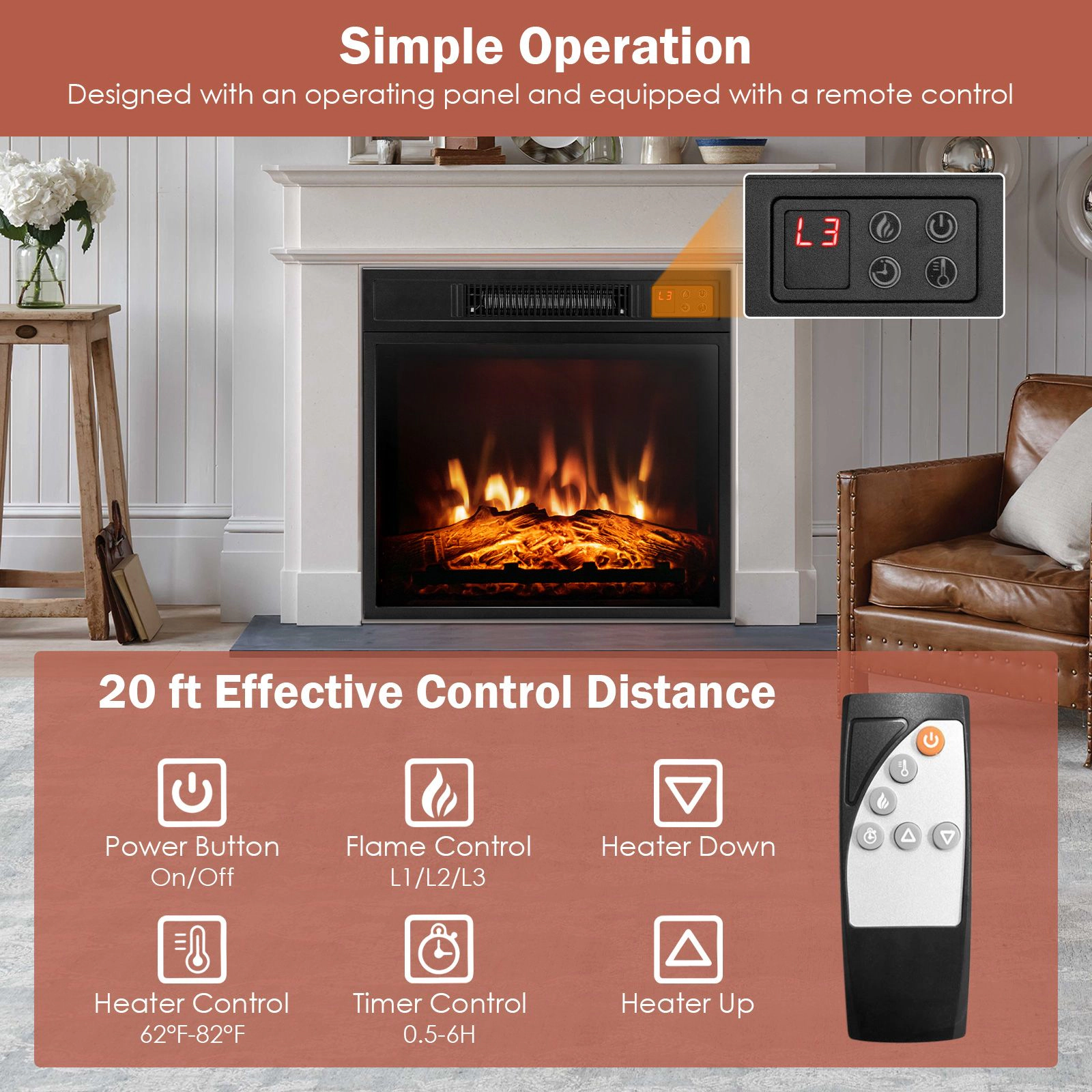 SlickBlue Electric Fireplace Insert for TV Stand or Cabinet, 18/23 Inch, 1400W, Adjustable Flame