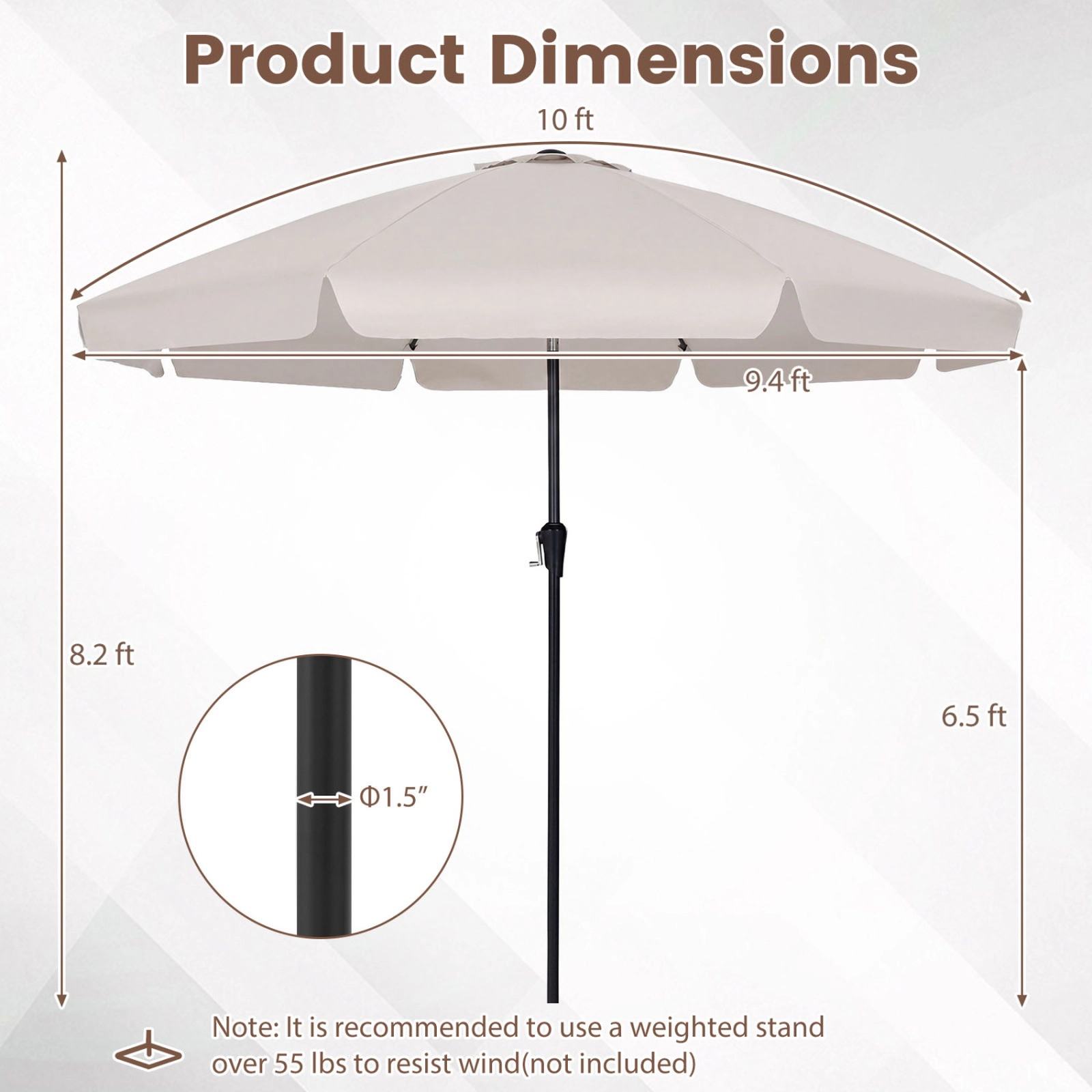 SUGIFT 10-ft Scalloped Patio Umbrella with Push Button Tilt 8 Fiberglass Ribs 9.4 x 8.2-ft Frame Beige/Tan