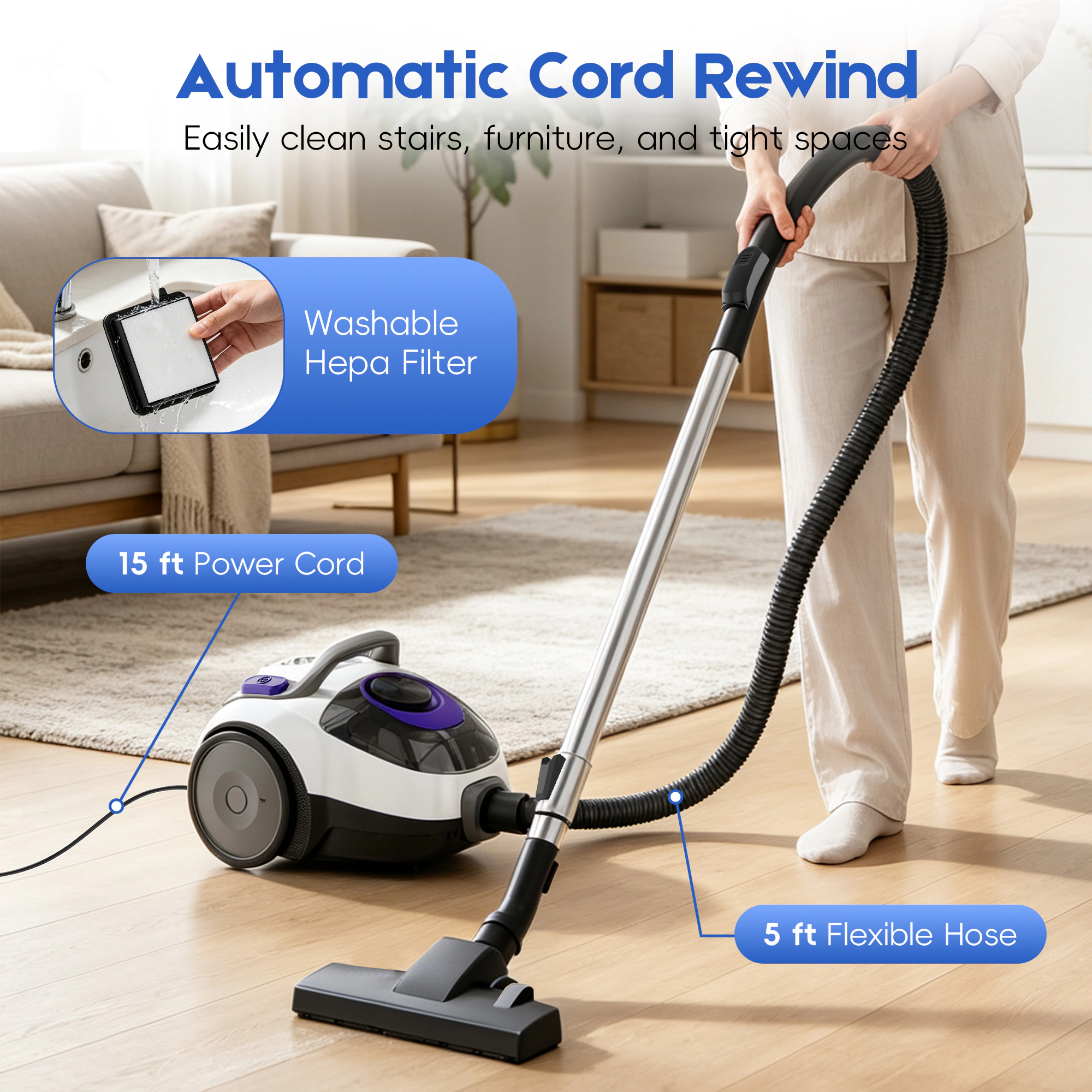 WHALL Bagless Canister Vacuum Cleaner,1400W Motor with Auto Cord Rewind & Multi‑Surface Cleaning Attachments