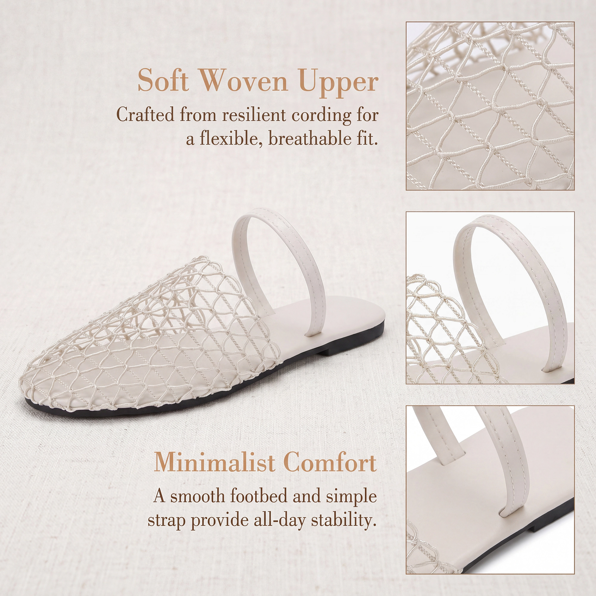 BLISSFUL STEP Women Slip on Mesh Braided Hollow Out Flats Sandals