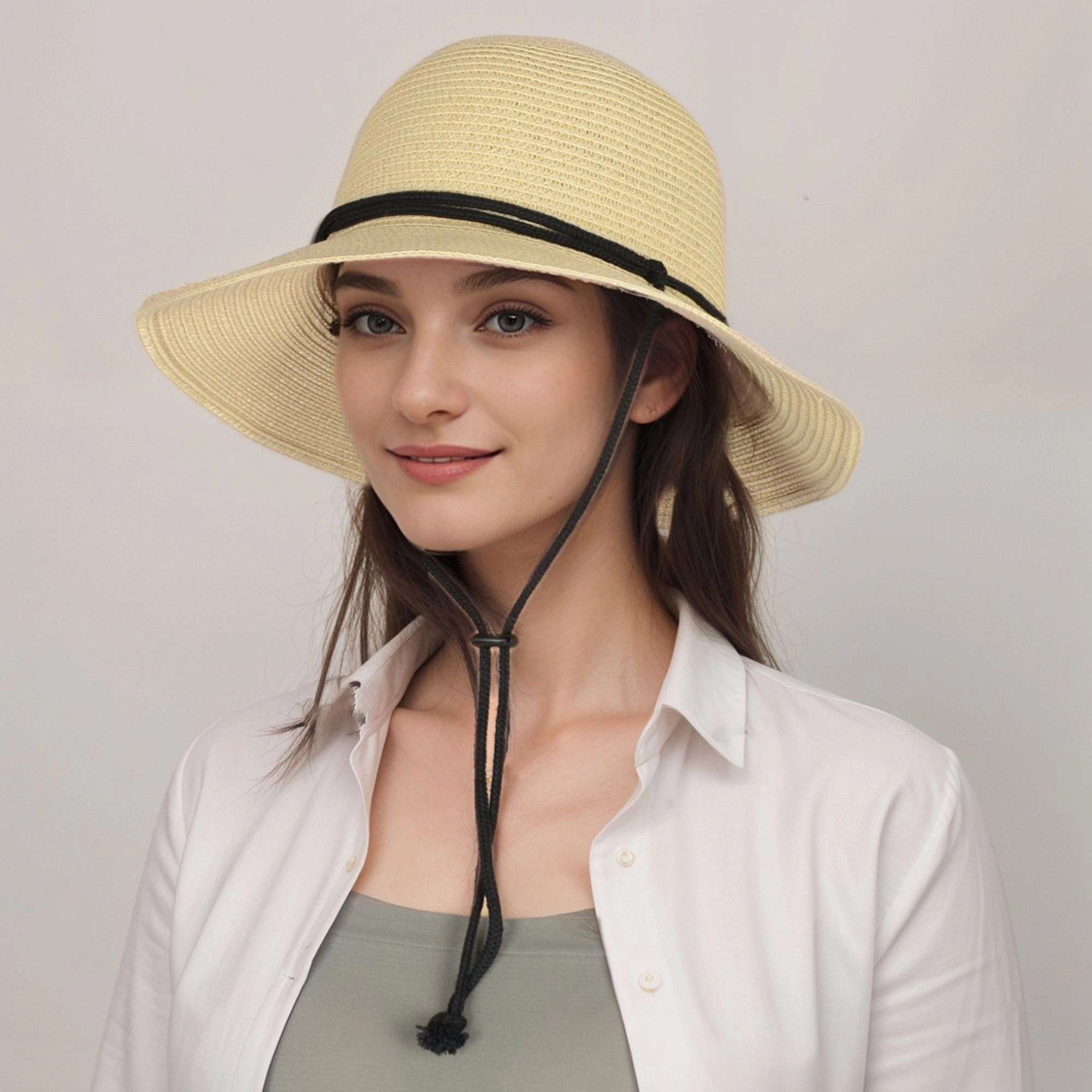 Anna-Kaci Women's Wide Brim Straw Sun Hat with Chin Strap and Black Cord Detail for Outdoor Protection