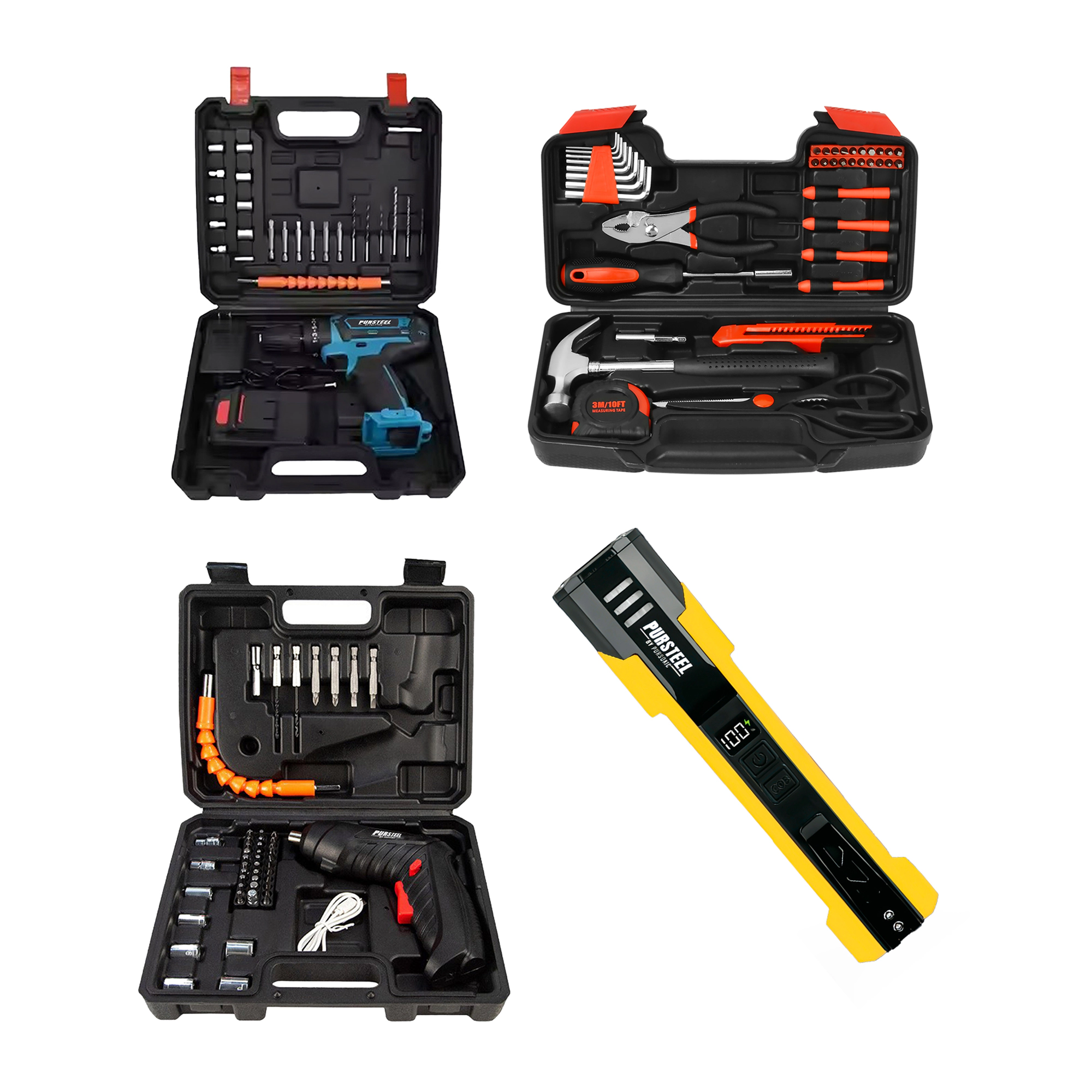 Pursonic Unisex Essential Power & Precision Kit: Drill, Electric Screwdriver, Tools & Flashlight
