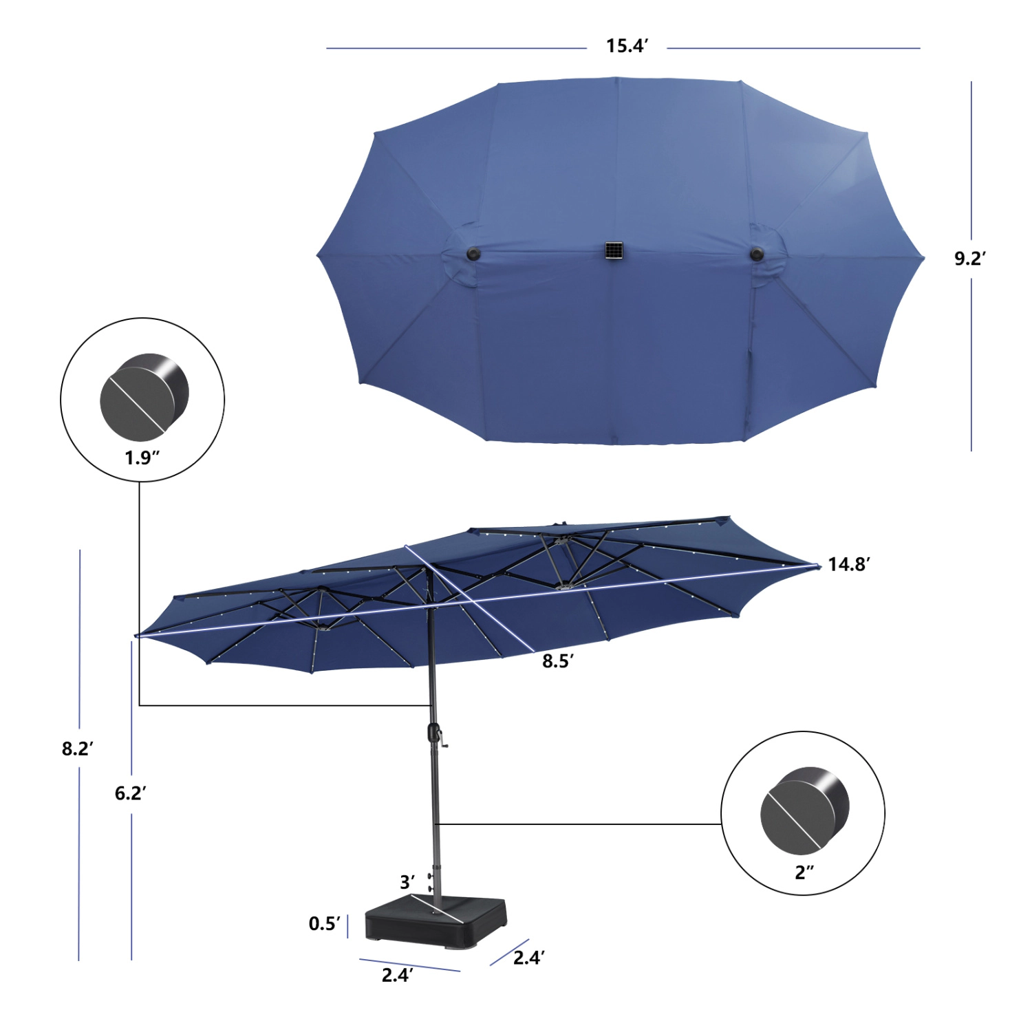 LJG 11 Pieces Patio Dining Set with 15 Feet Double-Sided Umbrella Base Included
