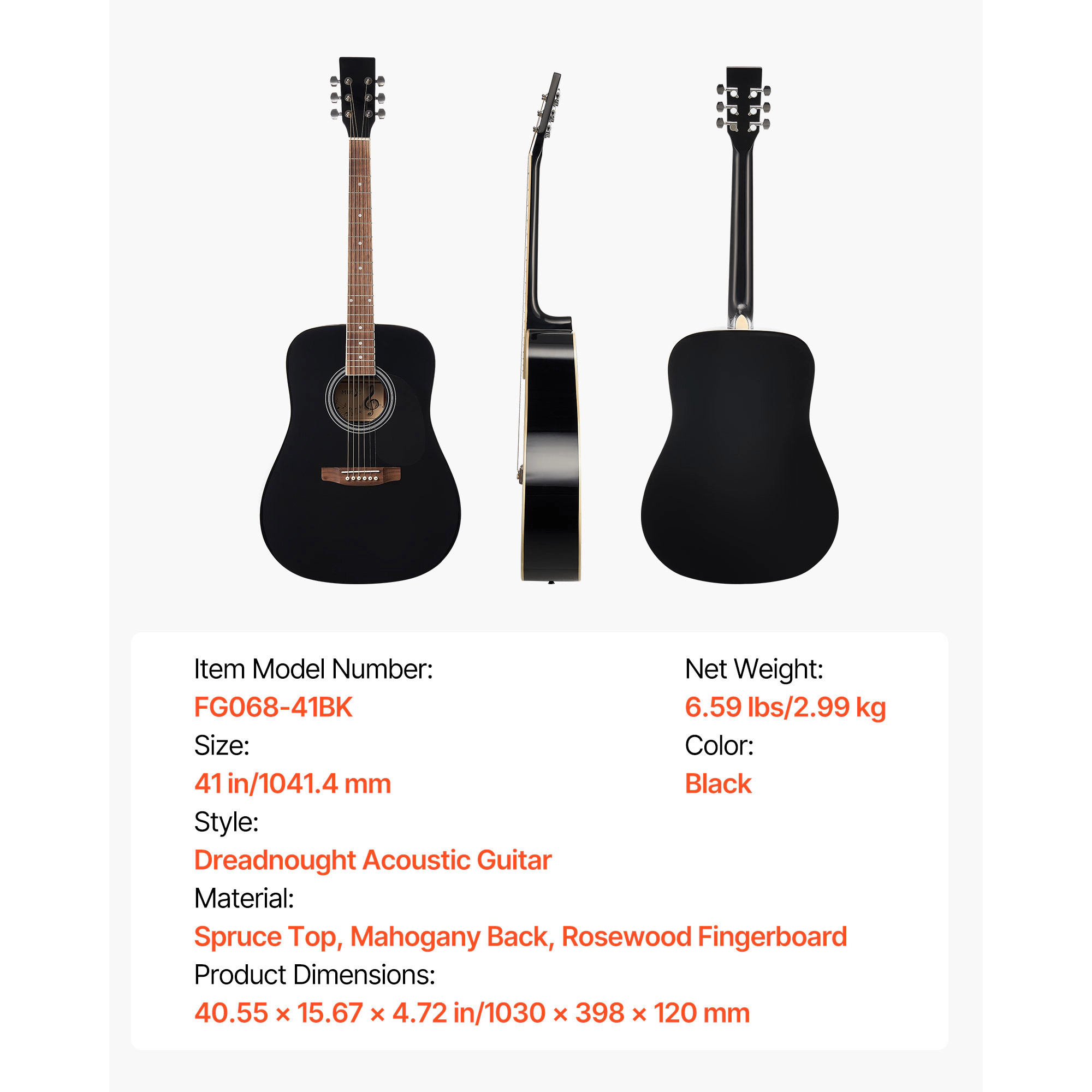 HONGGE Dreadnought Acoustic Guitar 6-String Solid Top Guitar Beginner Bundle with Gig Bag Tuner Strap Strings Picks