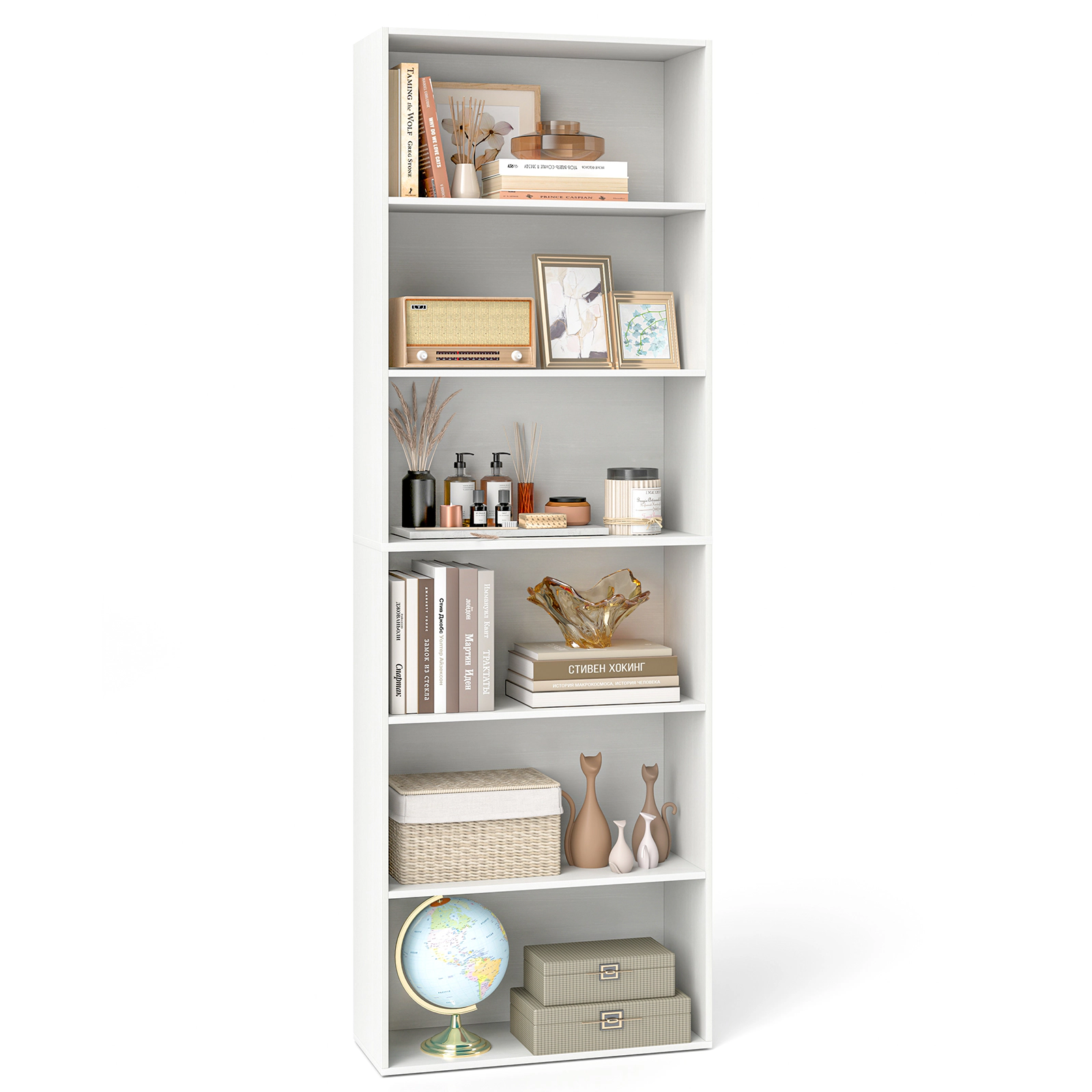 SUGIFT 6-Tier MDF Engineered Wood Bookcase 6 Open Shelves 200-lb Total Capacity 70-in Tall With Anti-Toppling Kits White
