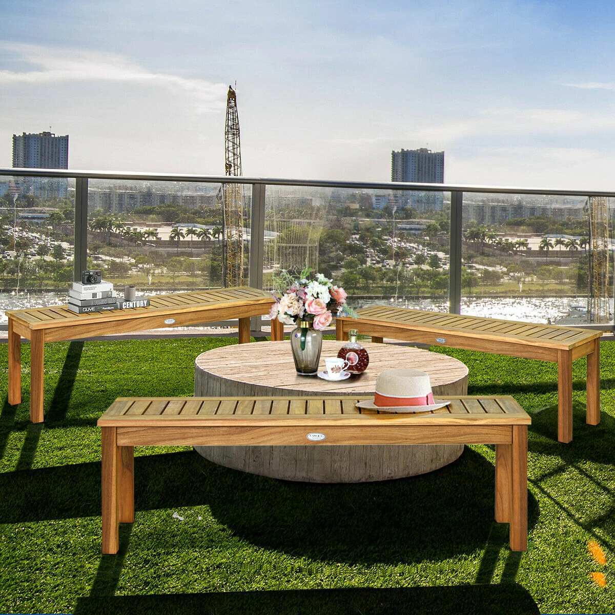 LJG 52 Inch Outdoor Acacia Wood Dining Bench Chair