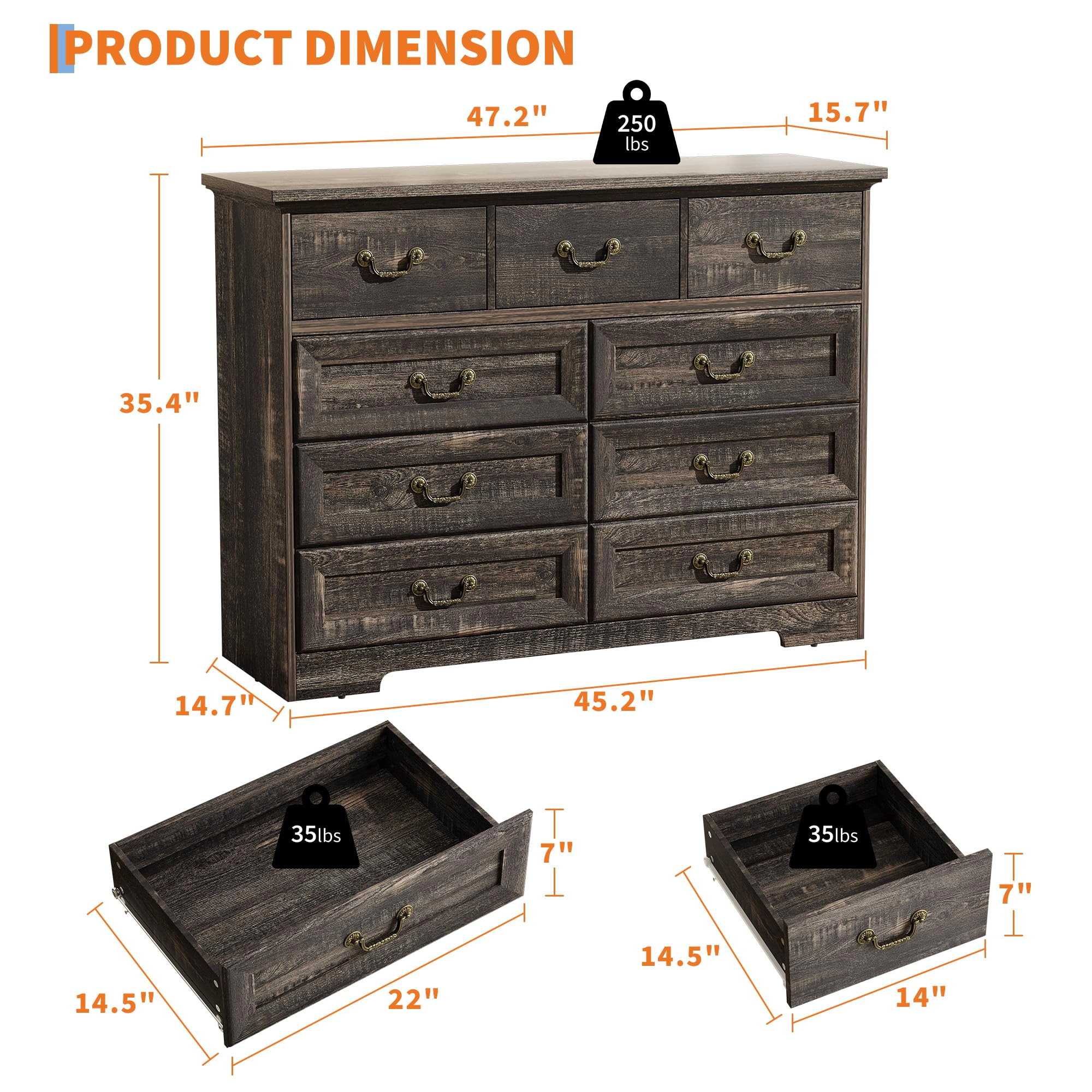 9 Drawer Farmhouse Dresser with Metal Handles, 47" Wide Wood Storage Chest for Bedroom Hallway