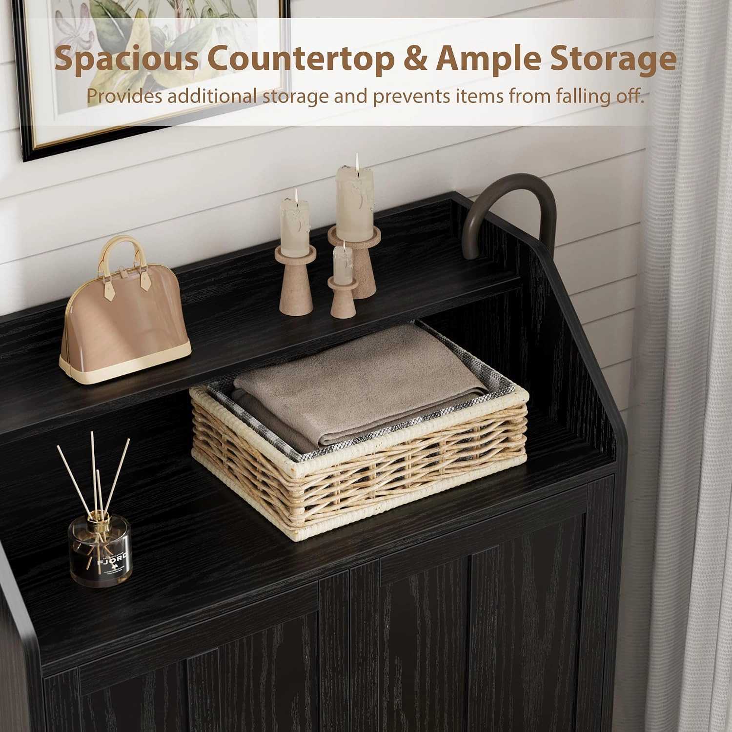 Black Wood Grain 2-Door Shoe Storage Cabinet Entryway Wooden Accent Cabinet with Adjustable Shelves