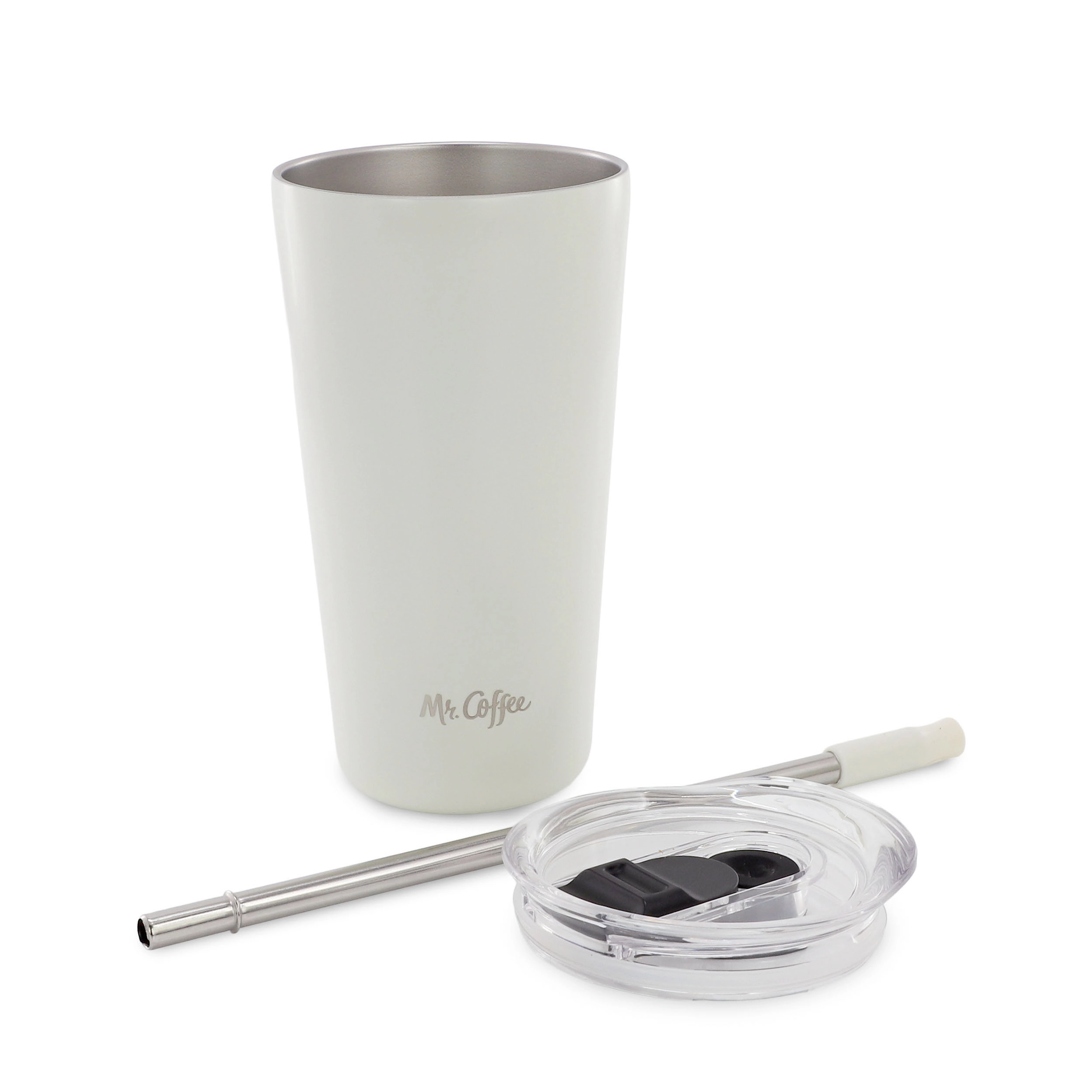 Mr. Coffee Java Quest 4-Piece Set 16 Ounce Double Wall Stainless Steel Tumbler in White with Stainless Steel Straw