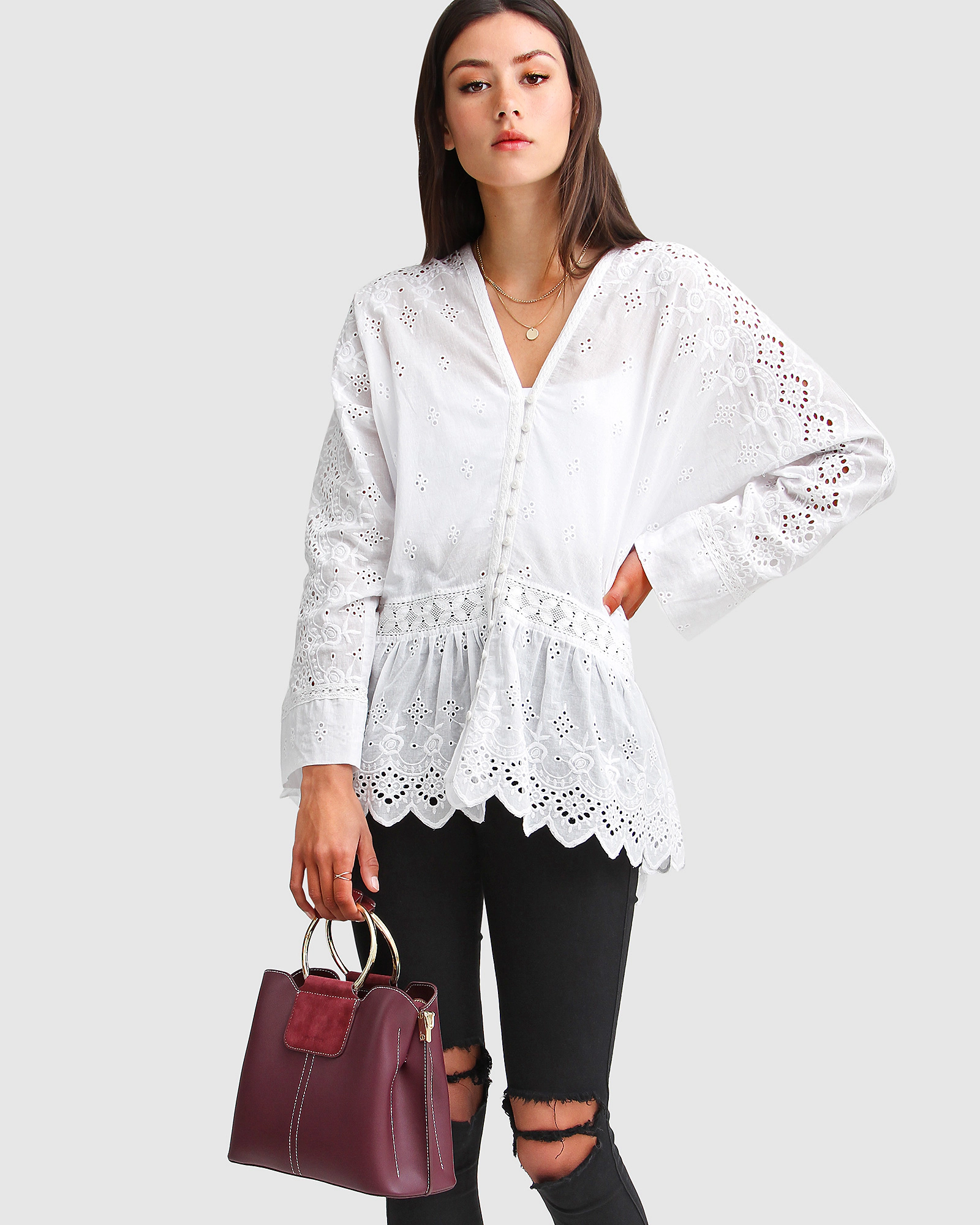 Belle & Bloom Womens Unbutton Me Eyelet Button Down Shirt