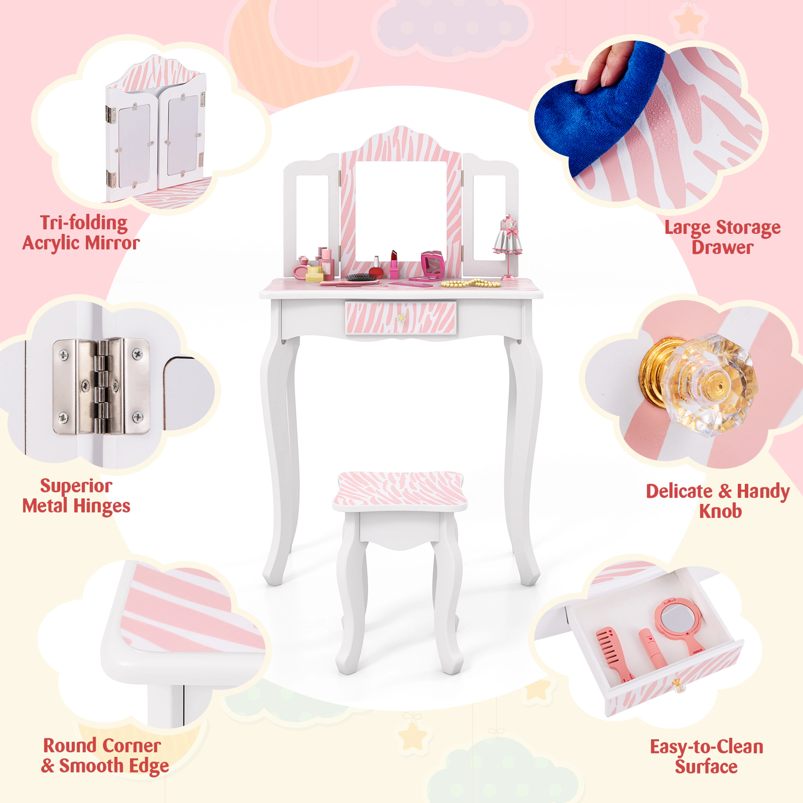Hivvago Kids Vanity Set with Drawer and 3 Makeup Accessories