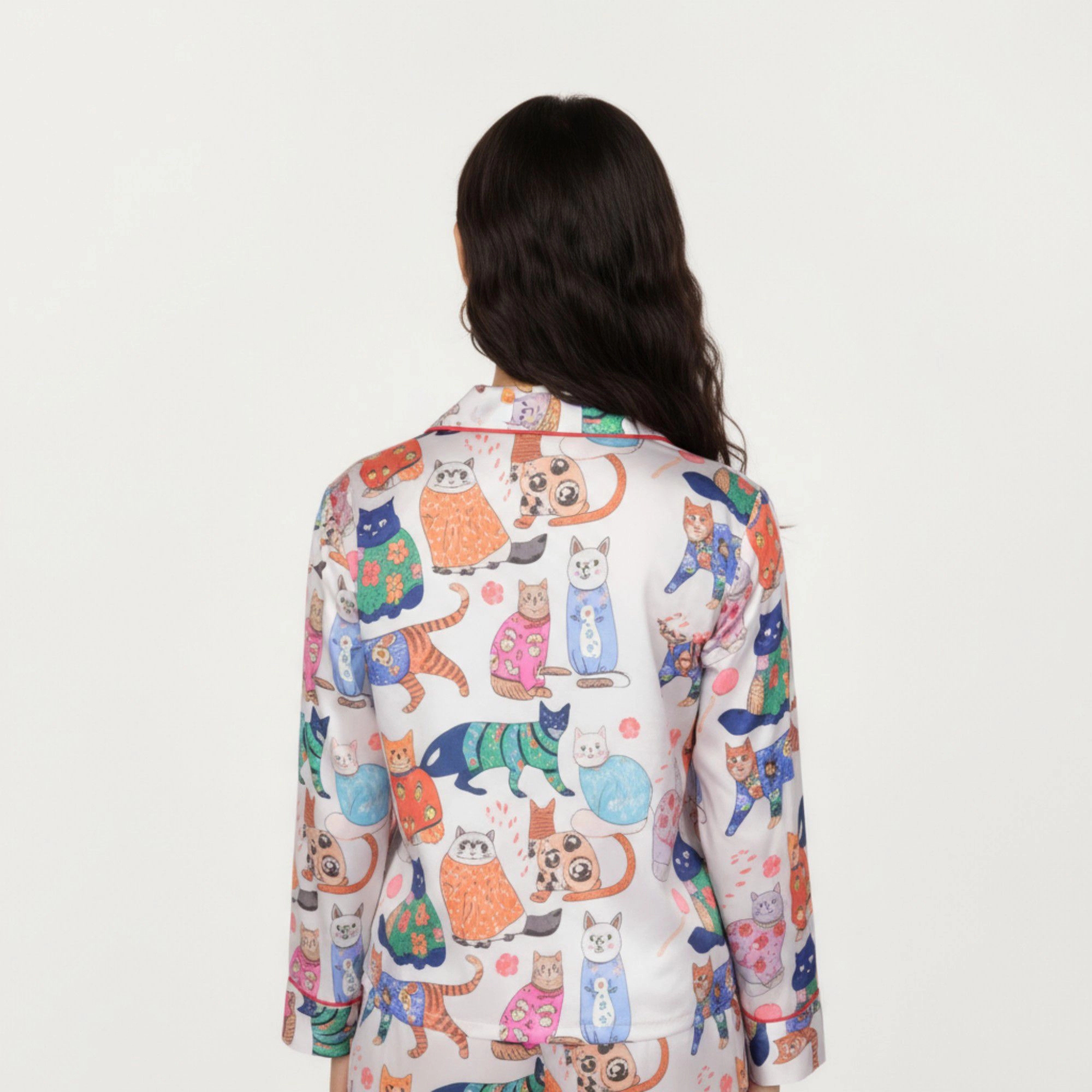 Anna-Kaci Women's 2-Piece Long Sleeve Button Front Pajama Set with Cat Print and Soft Silky Fabric